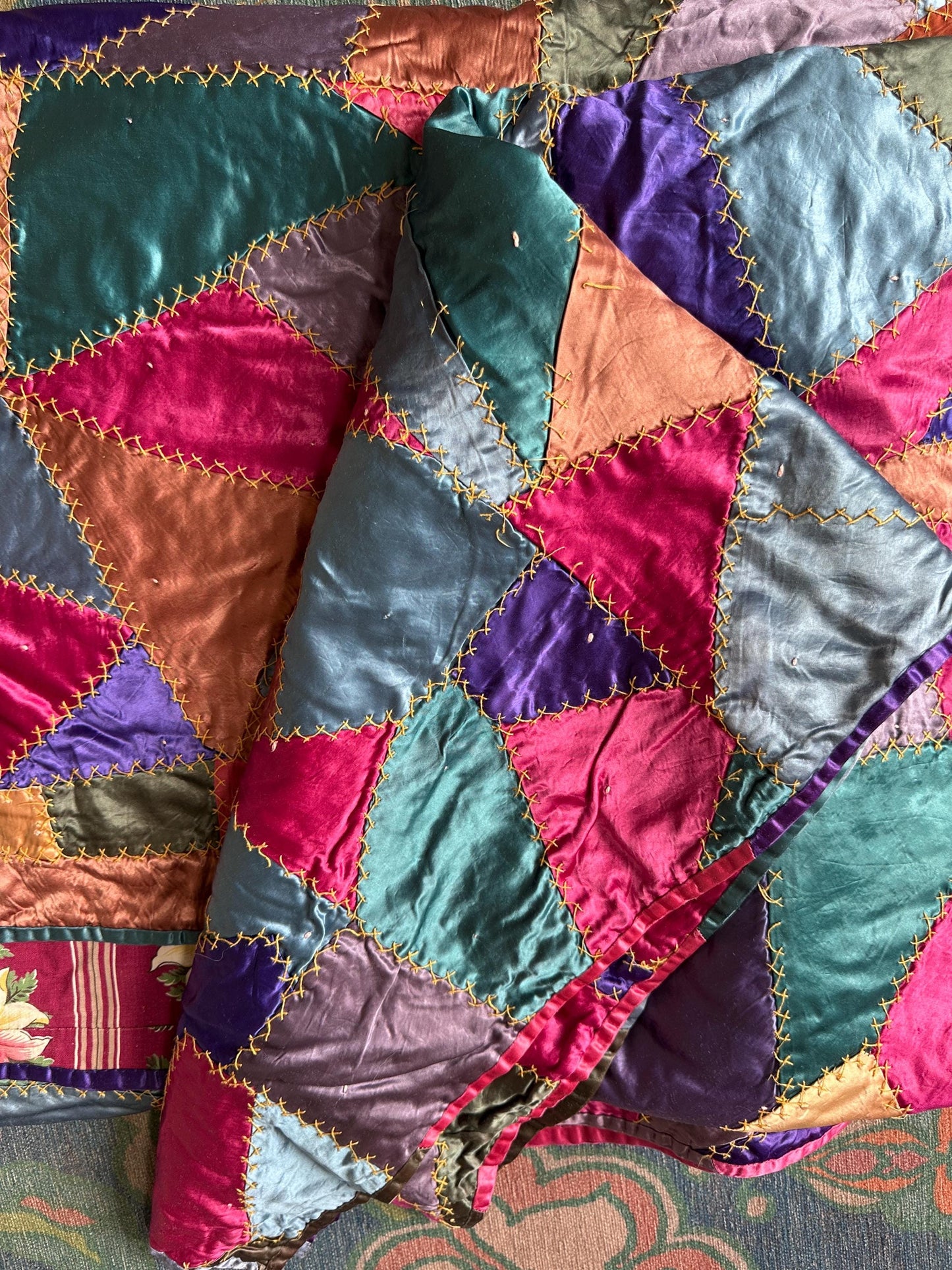 Antique Victorian Satin Crazy Quilt | Handcrafted Patchwork Quilt | Turkey Stitch Embroidery | Vibrant Silk Patches | 80” x 66”