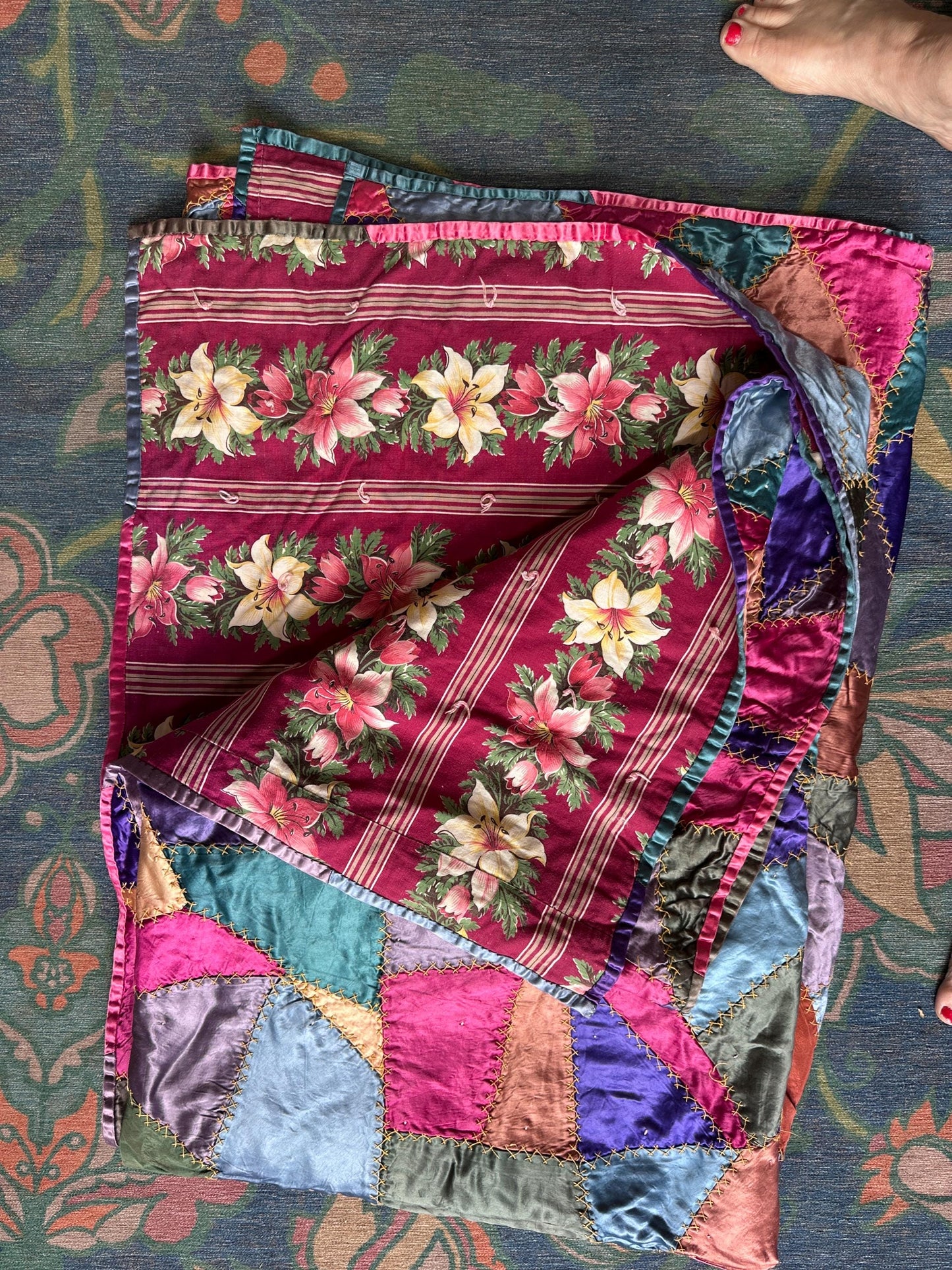 Antique Victorian Satin Crazy Quilt | Handcrafted Patchwork Quilt | Turkey Stitch Embroidery | Vibrant Silk Patches | 80” x 66”