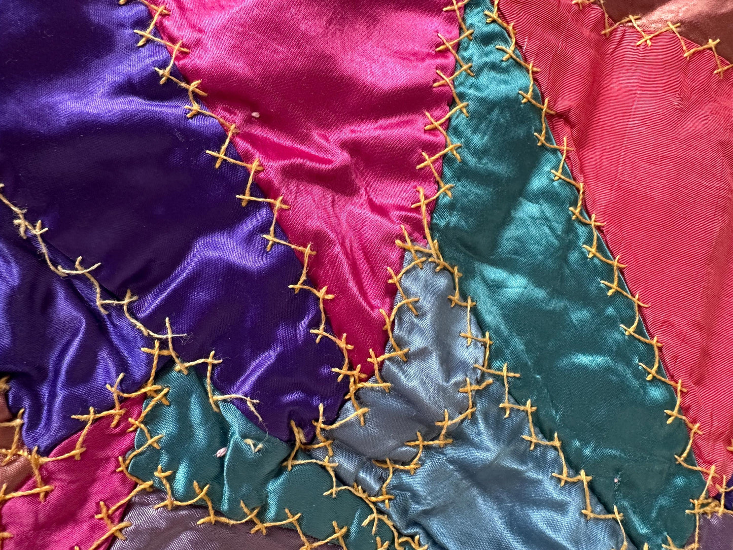 Antique Victorian Satin Crazy Quilt | Handcrafted Patchwork Quilt | Turkey Stitch Embroidery | Vibrant Silk Patches | 80” x 66”