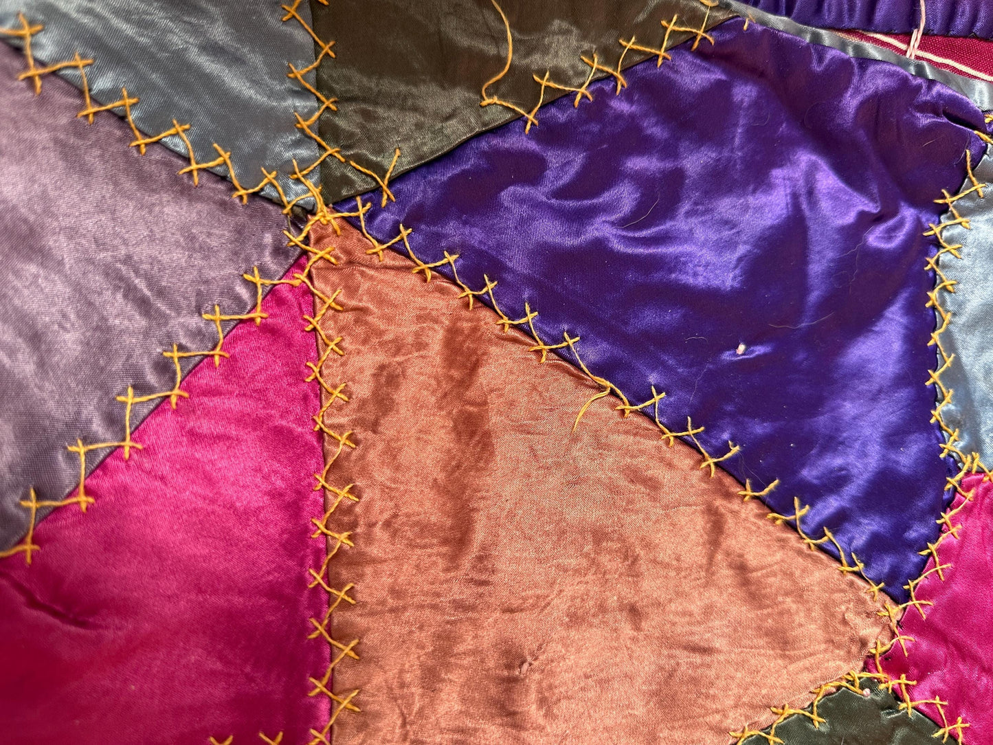Antique Victorian Satin Crazy Quilt | Handcrafted Patchwork Quilt | Turkey Stitch Embroidery | Vibrant Silk Patches | 80” x 66”