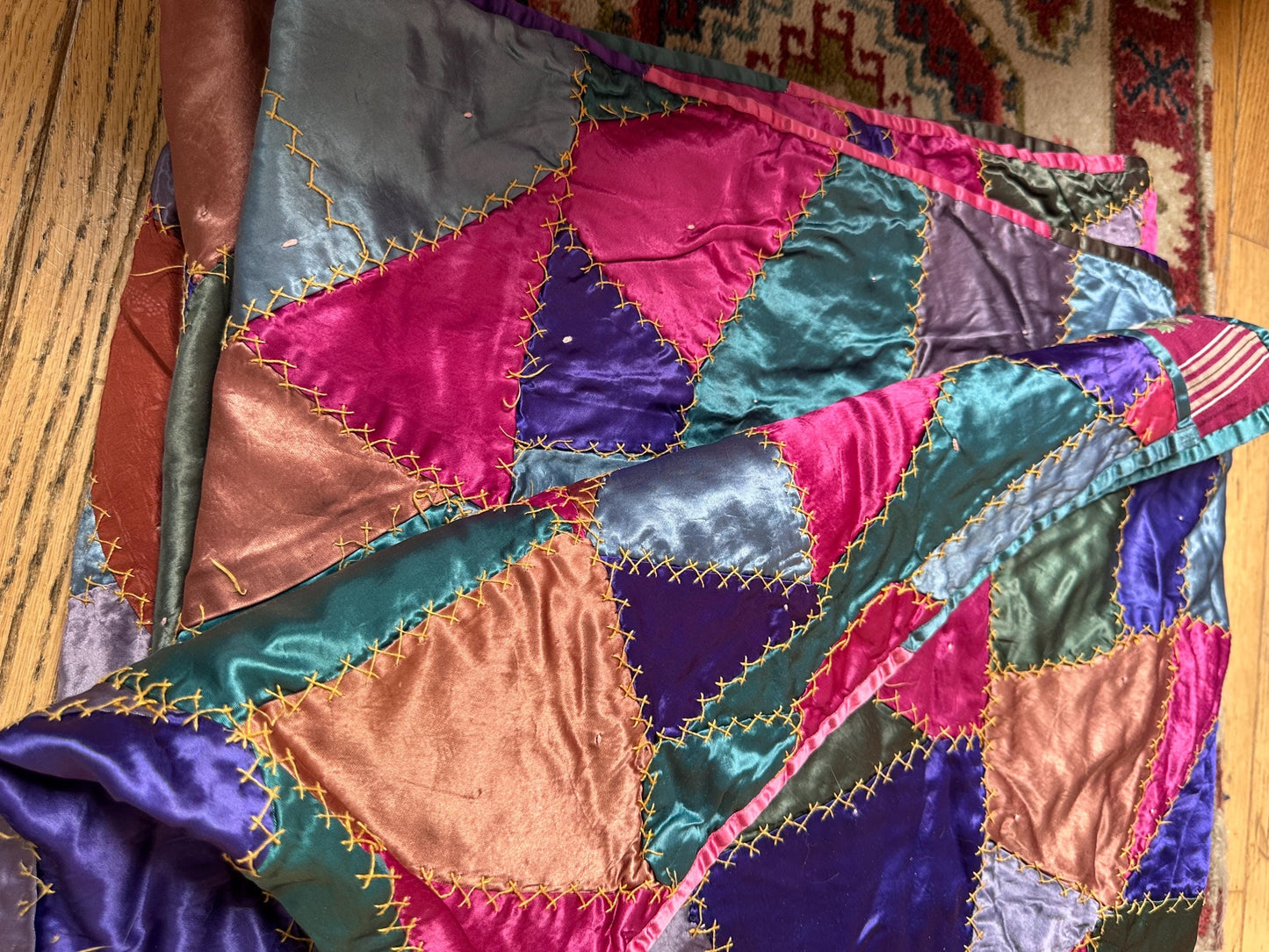 Antique Victorian Satin Crazy Quilt | Handcrafted Patchwork Quilt | Turkey Stitch Embroidery | Vibrant Silk Patches | 80” x 66”