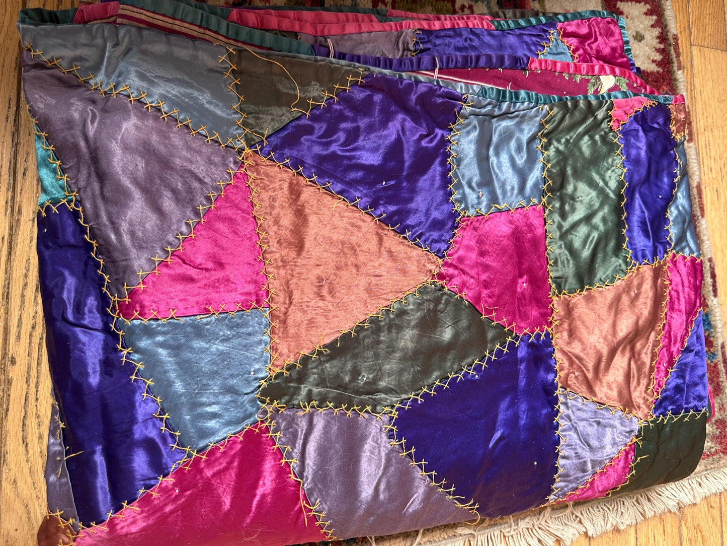 Antique Victorian Satin Crazy Quilt | Handcrafted Patchwork Quilt | Turkey Stitch Embroidery | Vibrant Silk Patches | 80” x 66”
