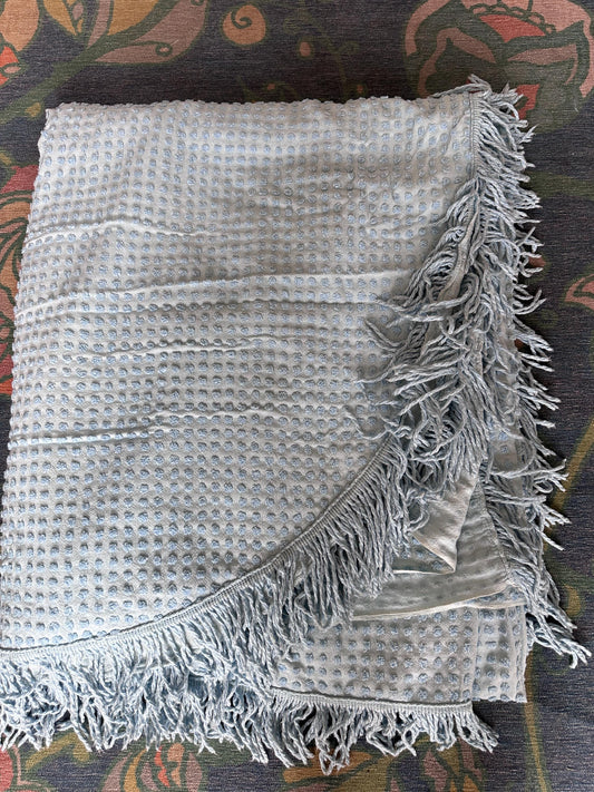 Vintage Morgan Jones Baby Blue Chenille Dotted Bedspread | Fringe Trim | Cottagecore Bedroom Decor | 104” x 82” | Repurpose, Craft Project