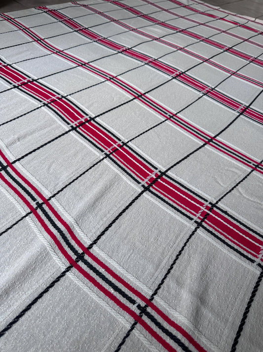 Vintage Handmade Woven Tablecloth, Picnic Blanket or Bedspread | White, Black & Red Textile | Farmhouse Boho Rustic Decor | 68” x 98”
