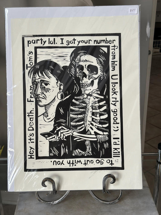 Douglas Anderson “Death and the Maiden – I Got Your Number” Linocut Print | Signed Contemporary Pennsylvania Printmaker | Social Commentary