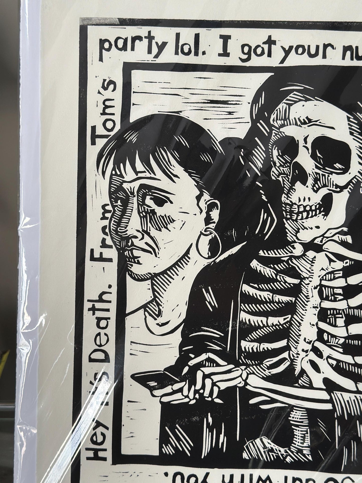 Douglas Anderson “Death and the Maiden – I Got Your Number” Linocut Print | Signed Contemporary Pennsylvania Printmaker | Social Commentary