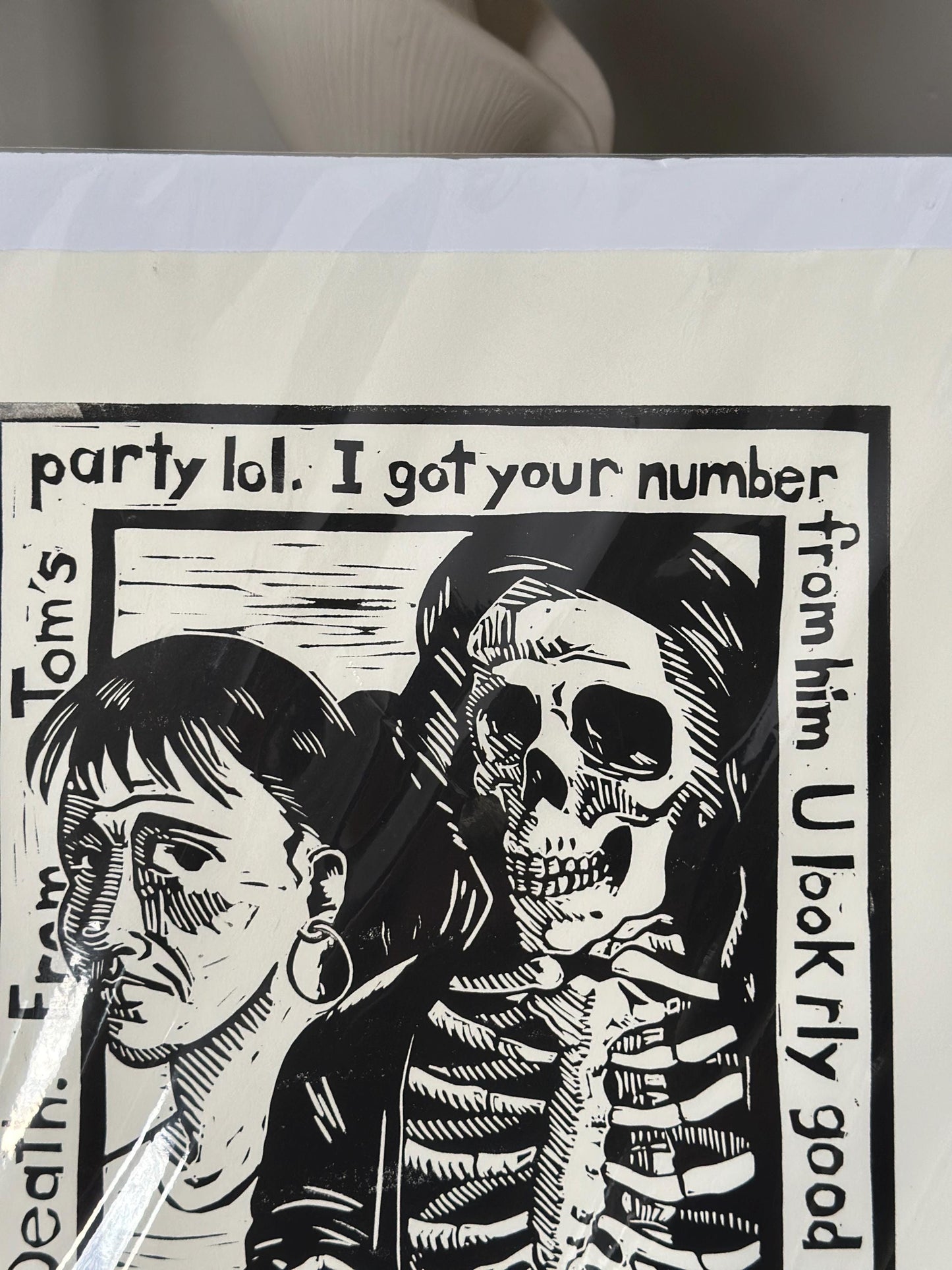 Douglas Anderson “Death and the Maiden – I Got Your Number” Linocut Print | Signed Contemporary Pennsylvania Printmaker | Social Commentary