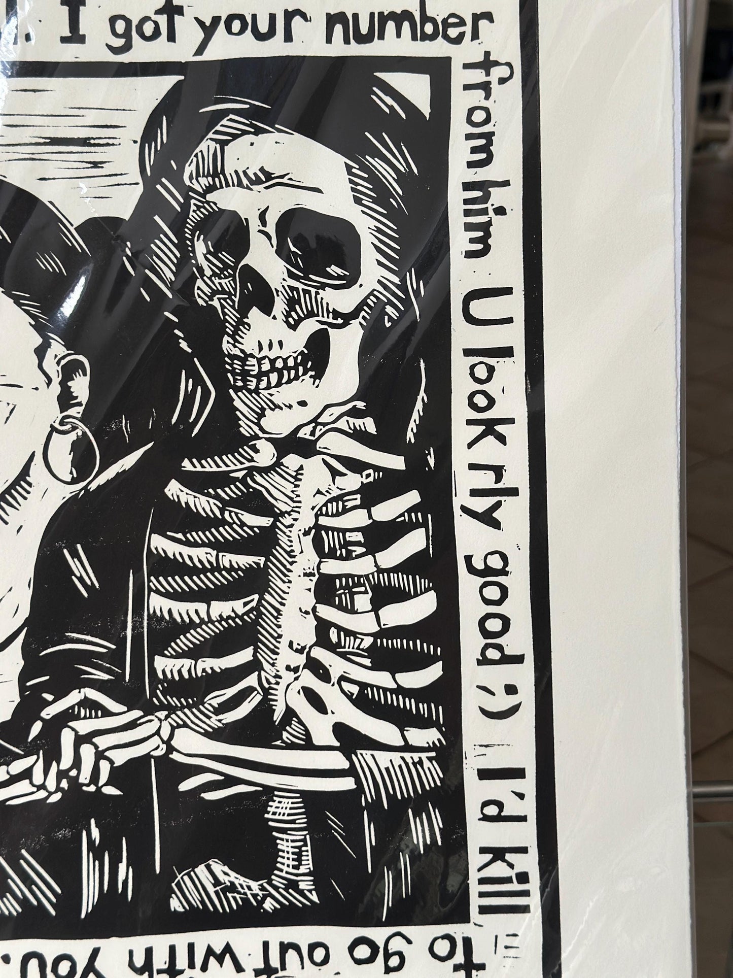 Douglas Anderson “Death and the Maiden – I Got Your Number” Linocut Print | Signed Contemporary Pennsylvania Printmaker | Social Commentary