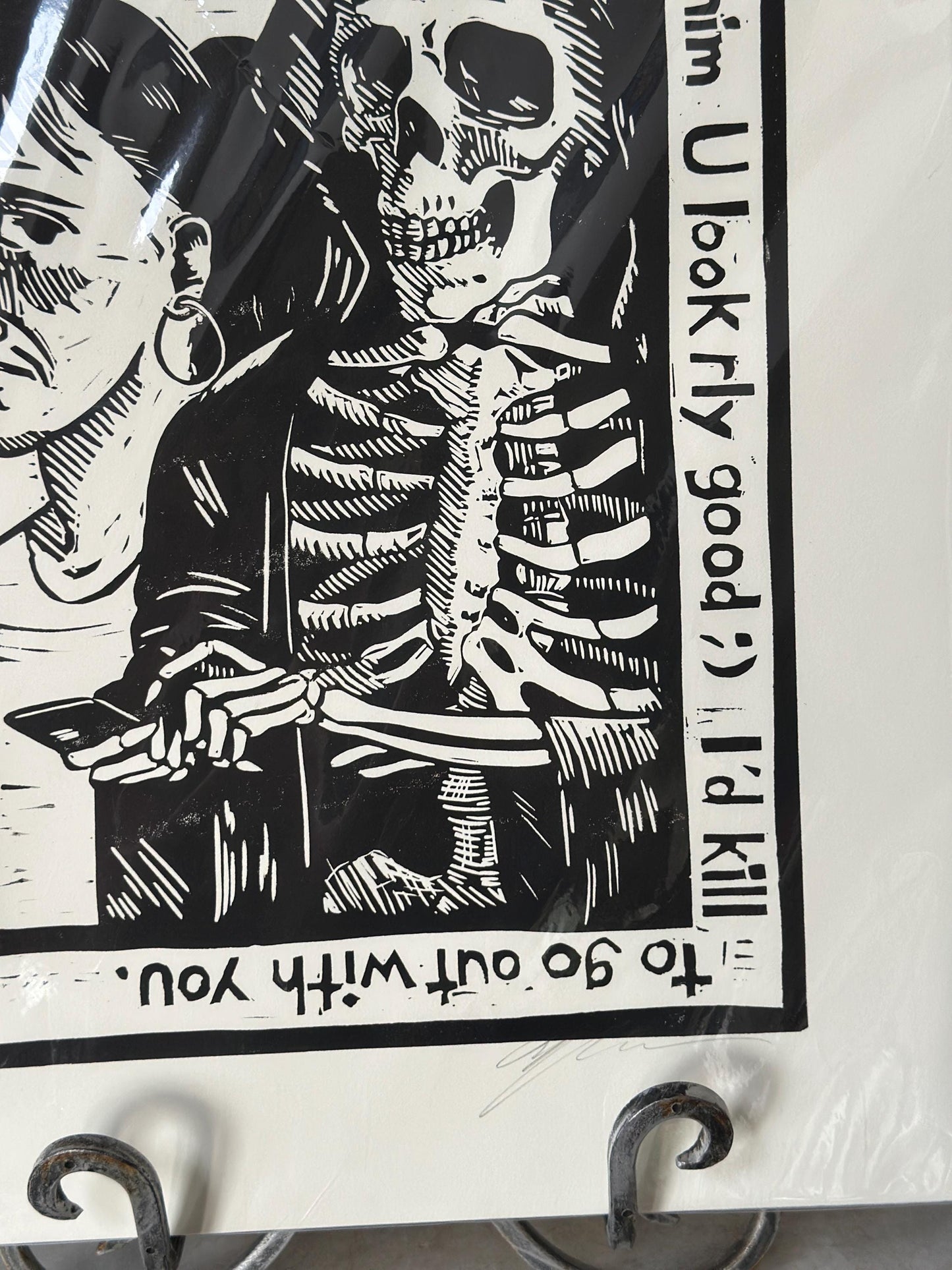 Douglas Anderson “Death and the Maiden – I Got Your Number” Linocut Print | Signed Contemporary Pennsylvania Printmaker | Social Commentary