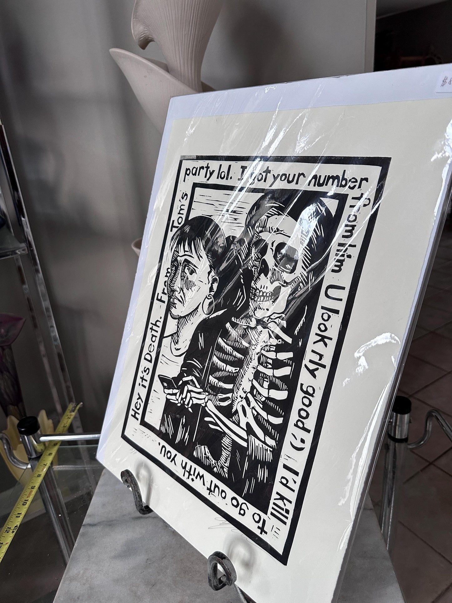 Douglas Anderson “Death and the Maiden – I Got Your Number” Linocut Print | Signed Contemporary Pennsylvania Printmaker | Social Commentary