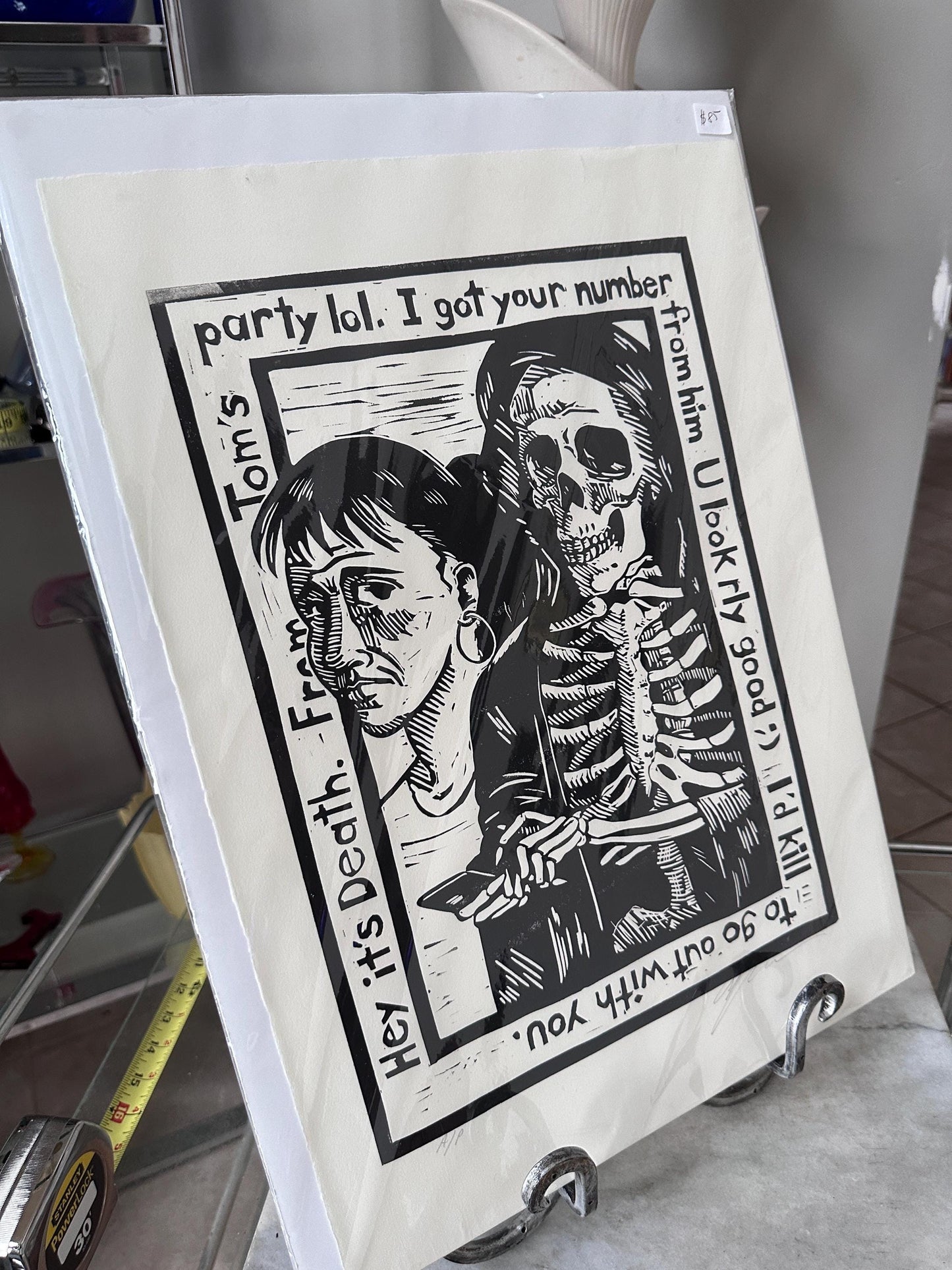 Douglas Anderson “Death and the Maiden – I Got Your Number” Linocut Print | Signed Contemporary Pennsylvania Printmaker | Social Commentary
