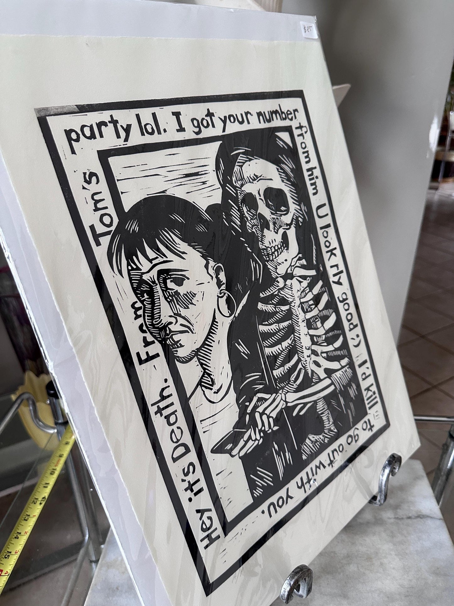 Douglas Anderson “Death and the Maiden – I Got Your Number” Linocut Print | Signed Contemporary Pennsylvania Printmaker | Social Commentary