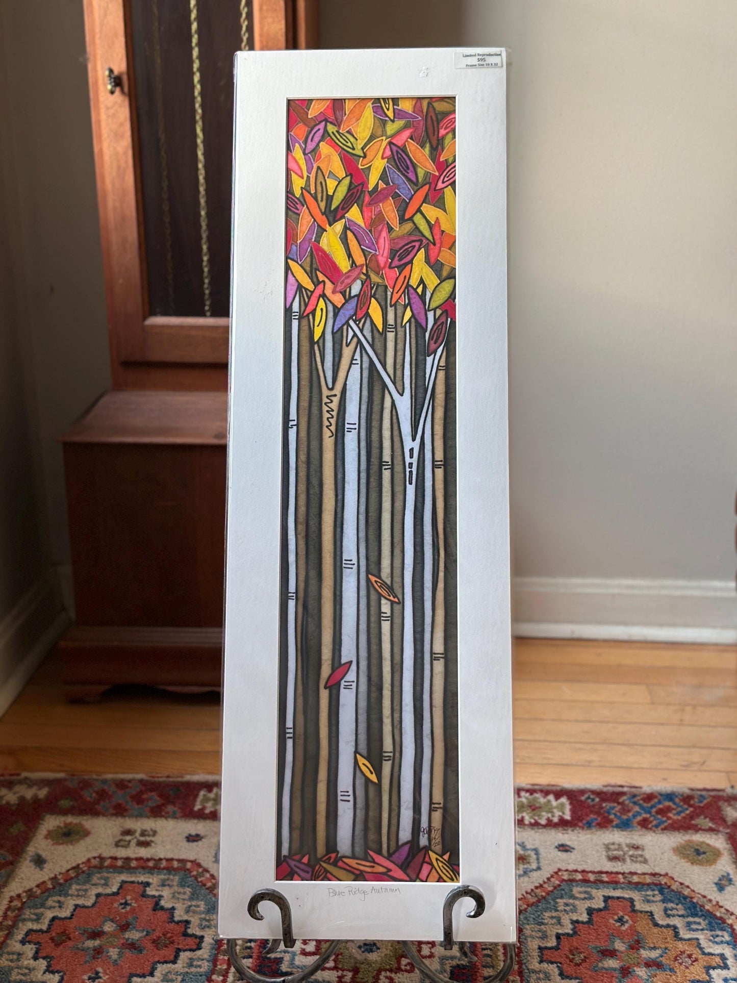 Vintage “Blue Ridge Autumn” Serigraph by Sandi Garris | Limited Edition Signed Print | Framed Autumn Birch Tree Landscape | 10” x 32”