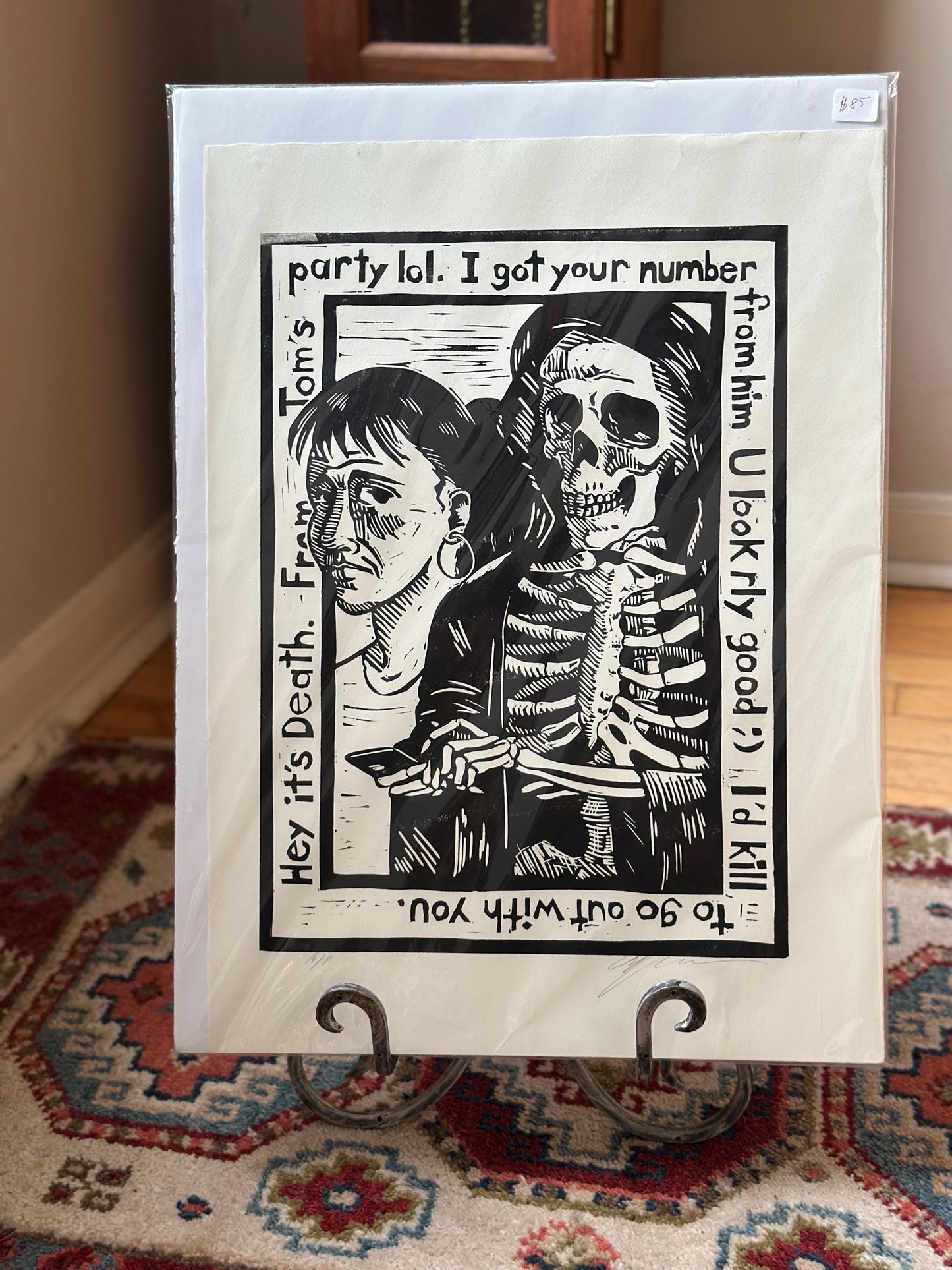 Douglas Anderson “Death and the Maiden – I Got Your Number” Linocut Print | Signed Contemporary Pennsylvania Printmaker | Social Commentary