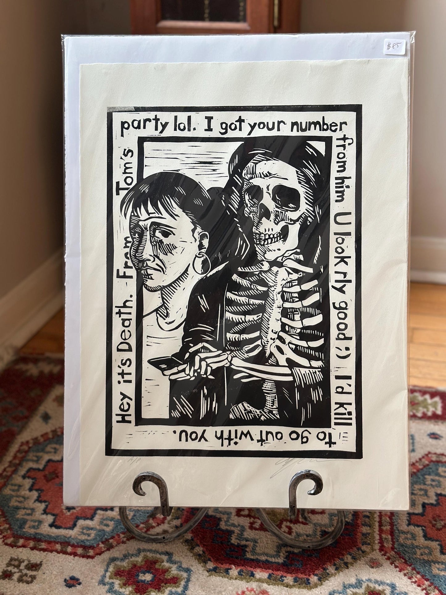 Douglas Anderson “Death and the Maiden – I Got Your Number” Linocut Print | Signed Contemporary Pennsylvania Printmaker | Social Commentary