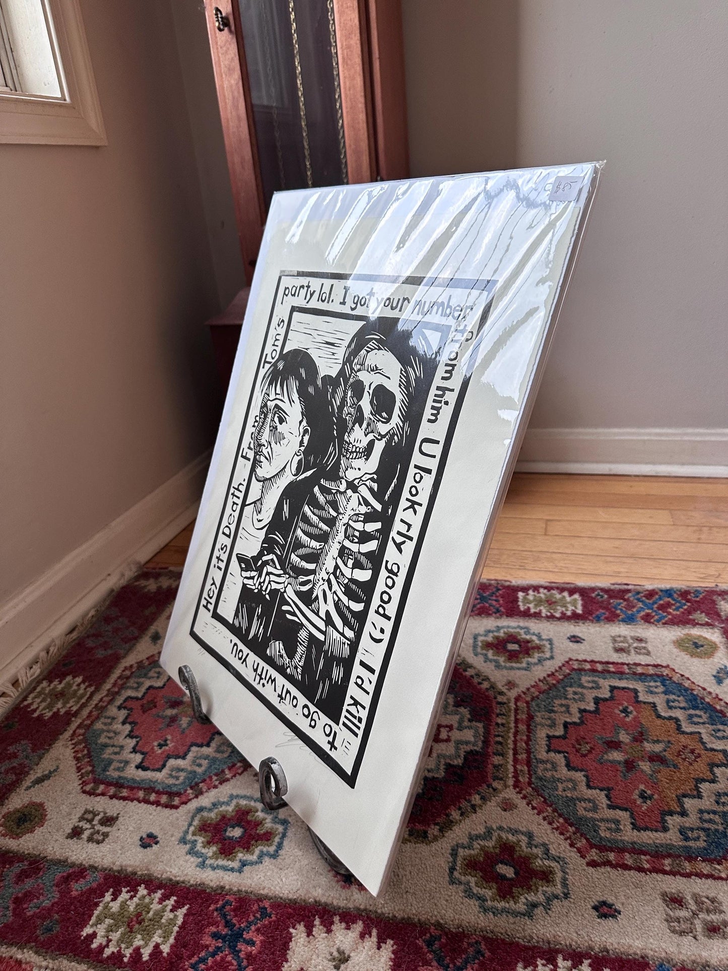 Douglas Anderson “Death and the Maiden – I Got Your Number” Linocut Print | Signed Contemporary Pennsylvania Printmaker | Social Commentary