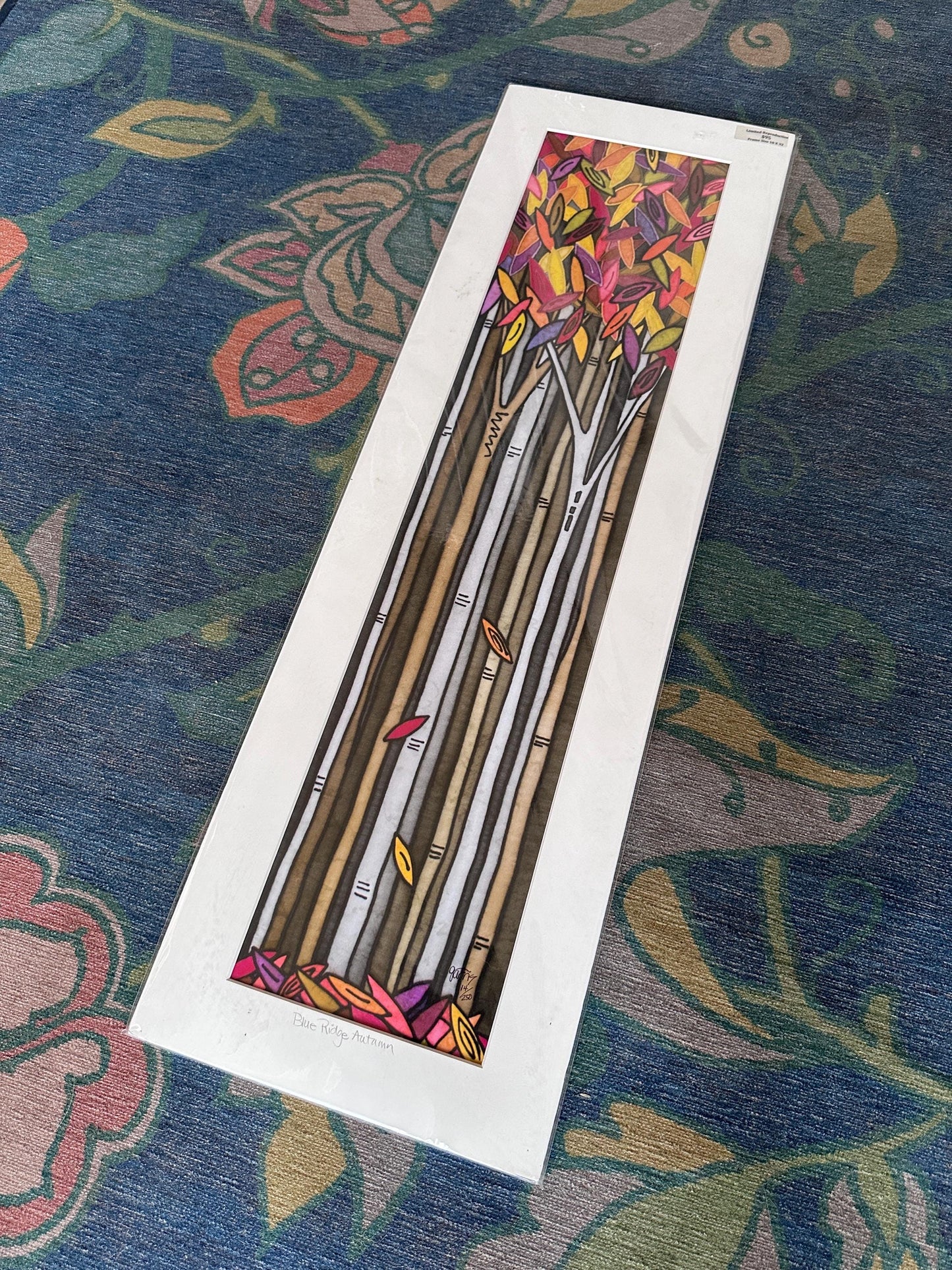 Vintage “Blue Ridge Autumn” Serigraph by Sandi Garris | Limited Edition Signed Print | Framed Autumn Birch Tree Landscape | 10” x 32”