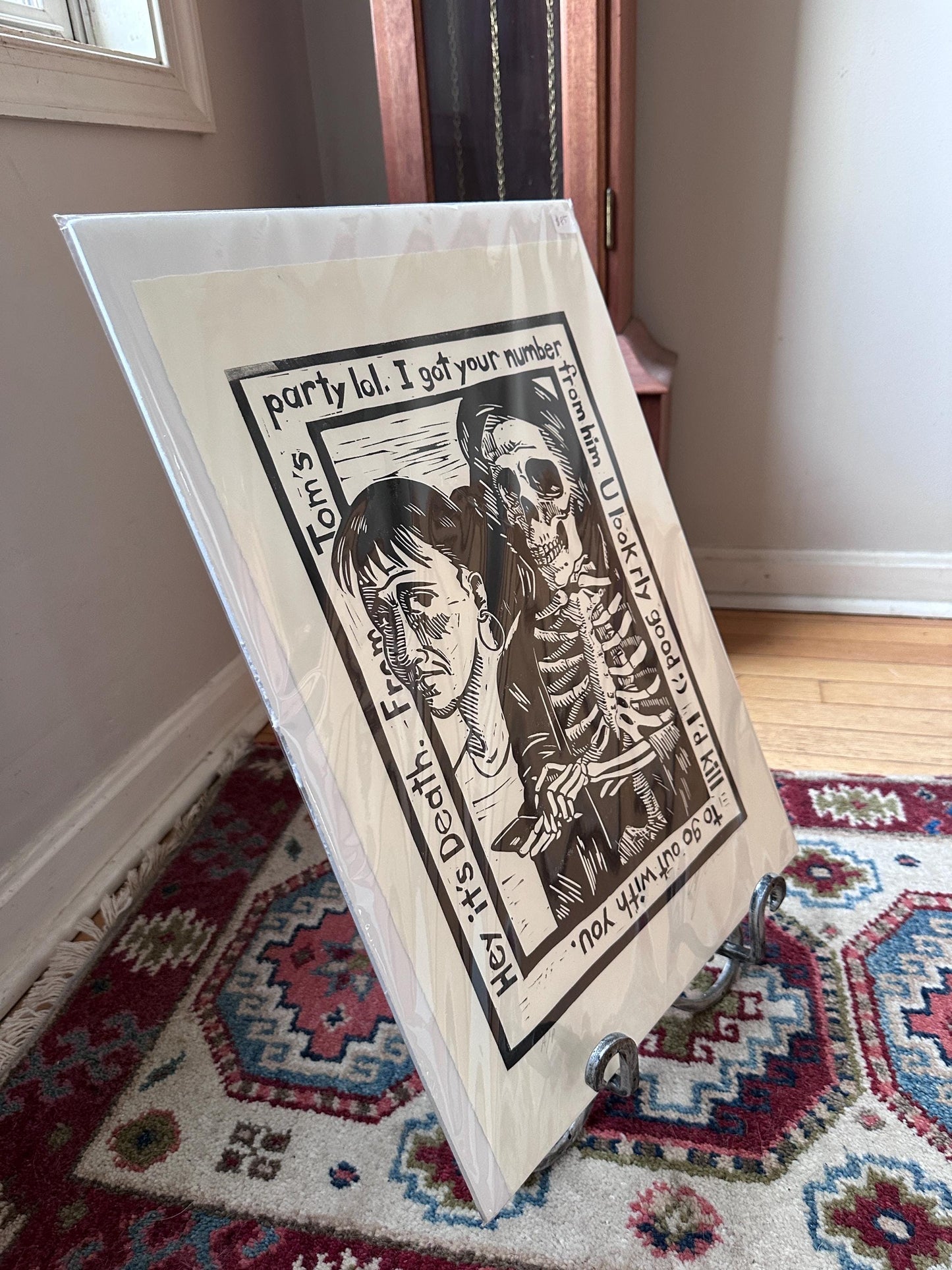 Douglas Anderson “Death and the Maiden – I Got Your Number” Linocut Print | Signed Contemporary Pennsylvania Printmaker | Social Commentary