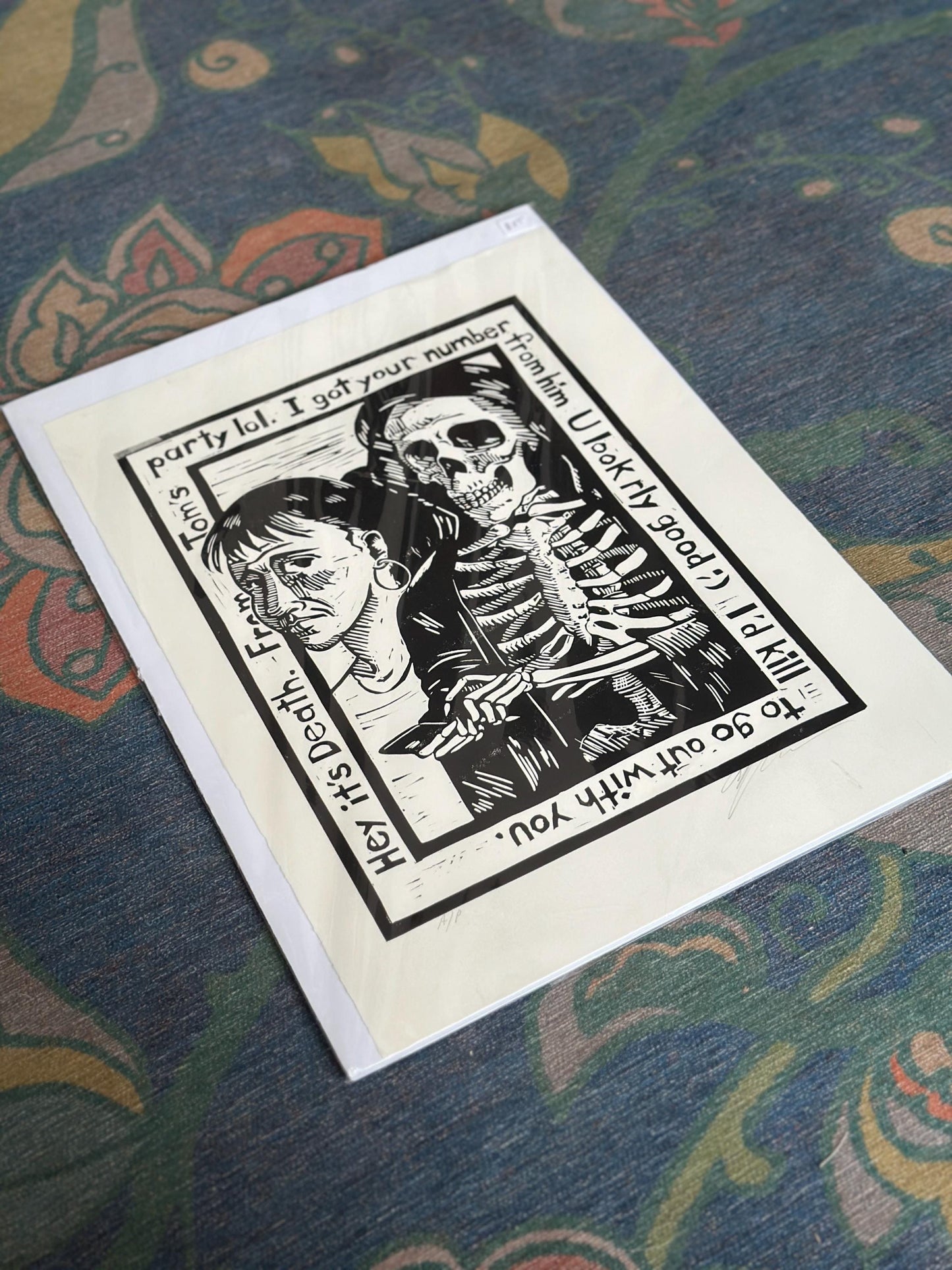 Douglas Anderson “Death and the Maiden – I Got Your Number” Linocut Print | Signed Contemporary Pennsylvania Printmaker | Social Commentary