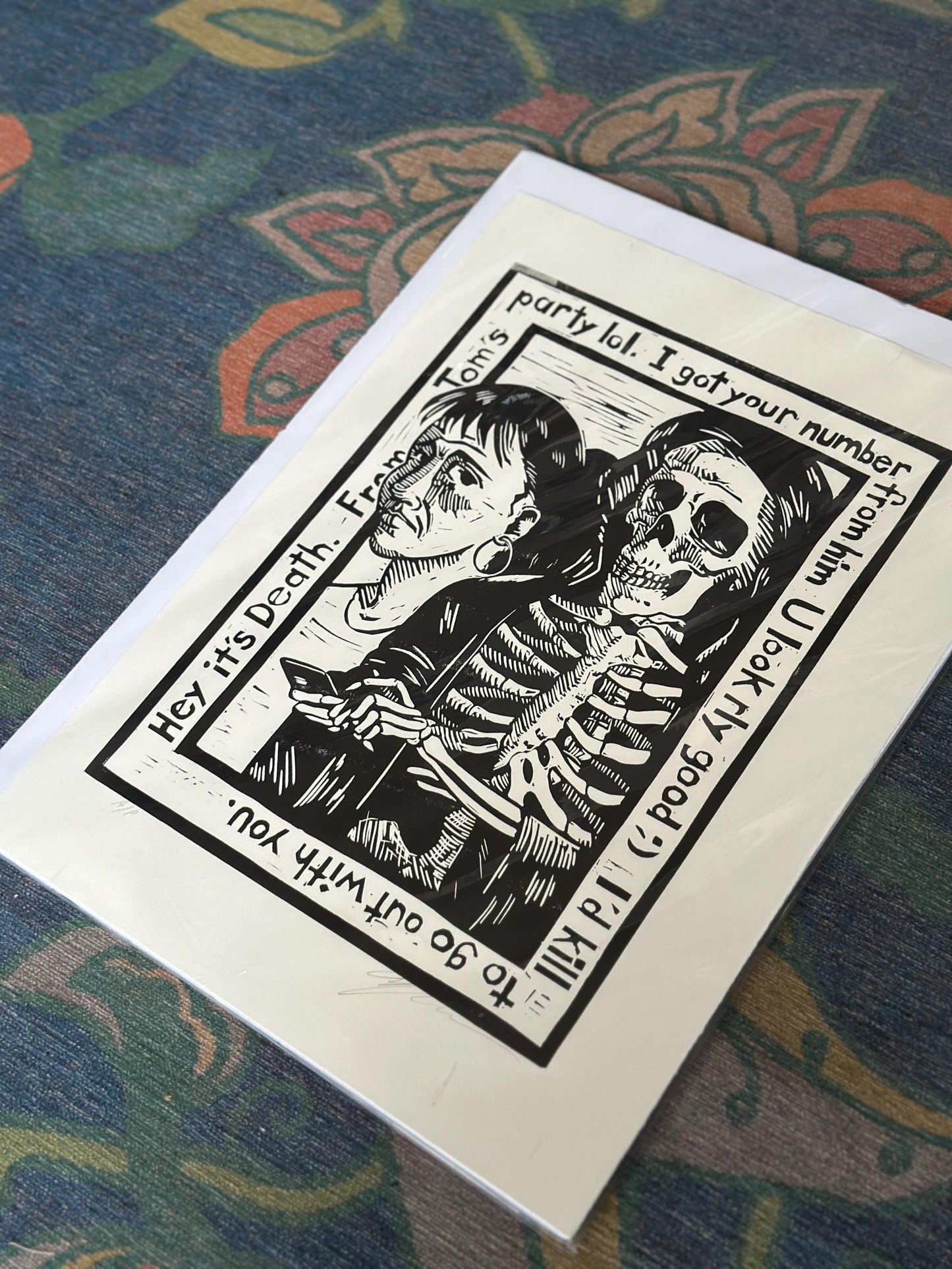 Douglas Anderson “Death and the Maiden – I Got Your Number” Linocut Print | Signed Contemporary Pennsylvania Printmaker | Social Commentary
