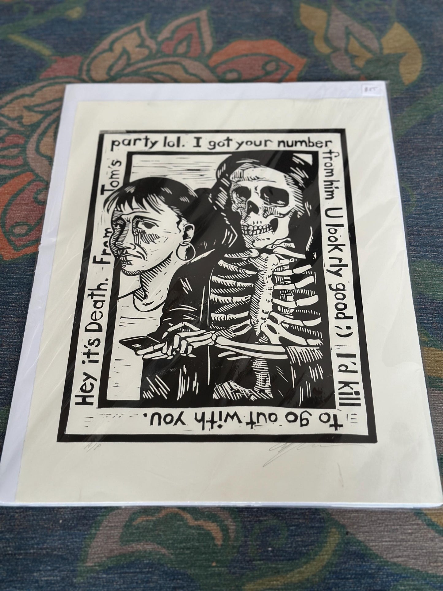 Douglas Anderson “Death and the Maiden – I Got Your Number” Linocut Print | Signed Contemporary Pennsylvania Printmaker | Social Commentary