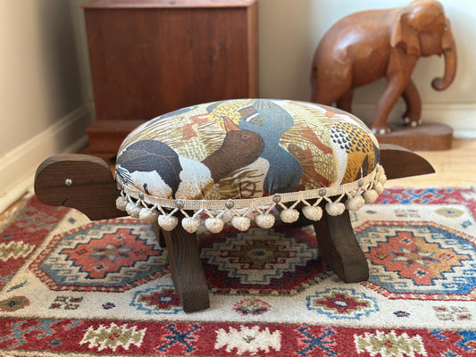 Vintage 1970s Turtle Footstool Ottoman | Mallard Duck Upholstered Wooden Foot Rest | Pom Pom Trim | Cottagecore Cabin Decor | 25” Long