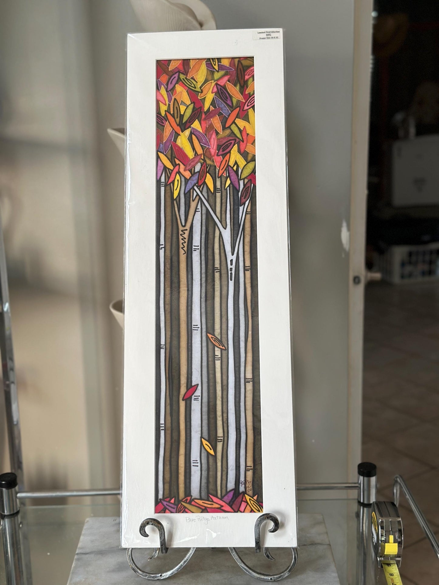 Vintage “Blue Ridge Autumn” Serigraph by Sandi Garris | Limited Edition Signed Print | Framed Autumn Birch Tree Landscape | 10” x 32”