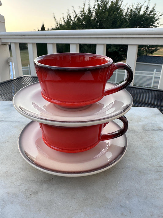 Set of 2 Vintage Metlox Poppytrail Red Rooster Tea Cups & Saucers | Made in USA | Mid-Century California Pottery | Farmhouse Kitchen