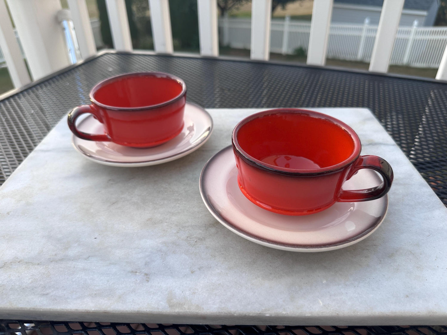 Set of 2 Vintage Metlox Poppytrail Red Rooster Tea Cups & Saucers | Made in USA | Mid-Century California Pottery | Farmhouse Kitchen