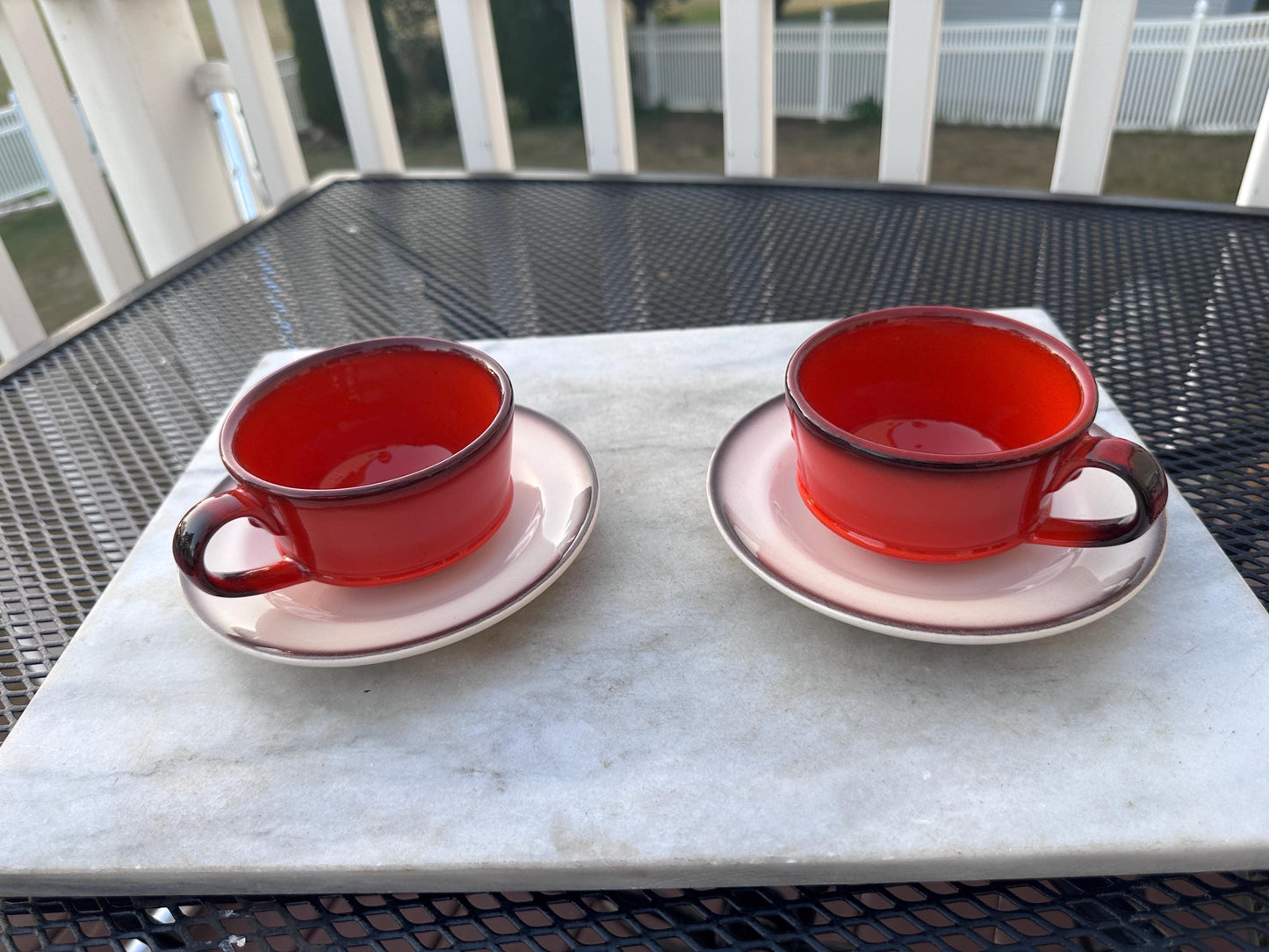Set of 2 Vintage Metlox Poppytrail Red Rooster Tea Cups & Saucers | Made in USA | Mid-Century California Pottery | Farmhouse Kitchen