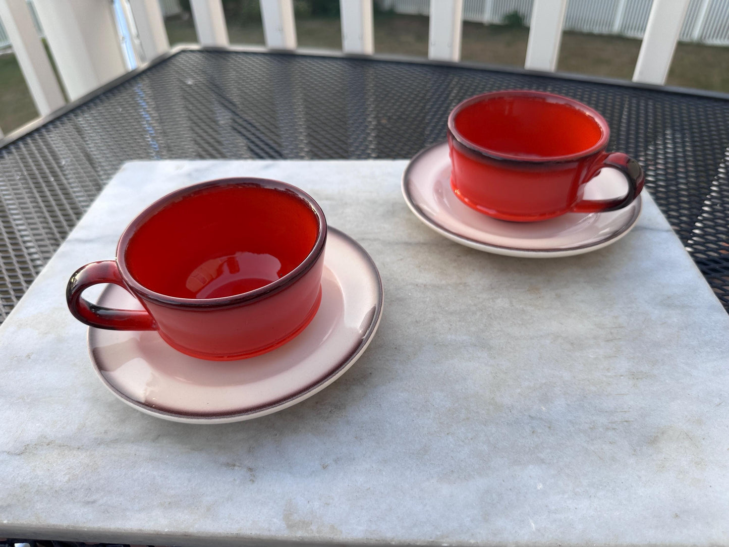 Set of 2 Vintage Metlox Poppytrail Red Rooster Tea Cups & Saucers | Made in USA | Mid-Century California Pottery | Farmhouse Kitchen