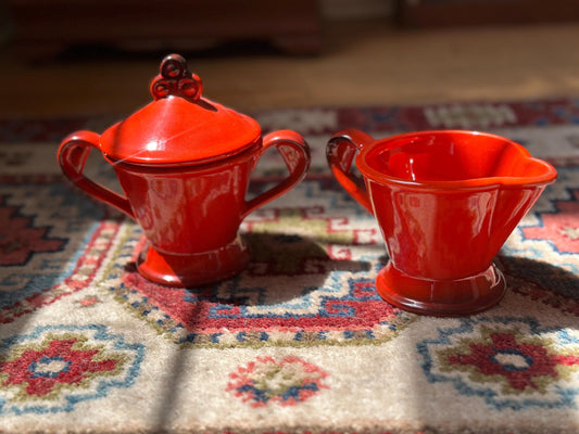 Vintage Metlox Poppytrail Red Rooster Sugar Bowl & Creamer Set | Ceramic Sugar Bowl with Lid | Mid-Century Farmhouse Kitchen Decor
