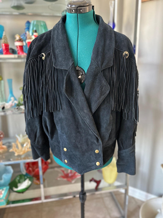 Vintage 1980s LEARSI Black Suede Fringe Jacket | Women’s Medium | Southwestern Western Leather Jacket | Metal Accents | Boho Festival Wear