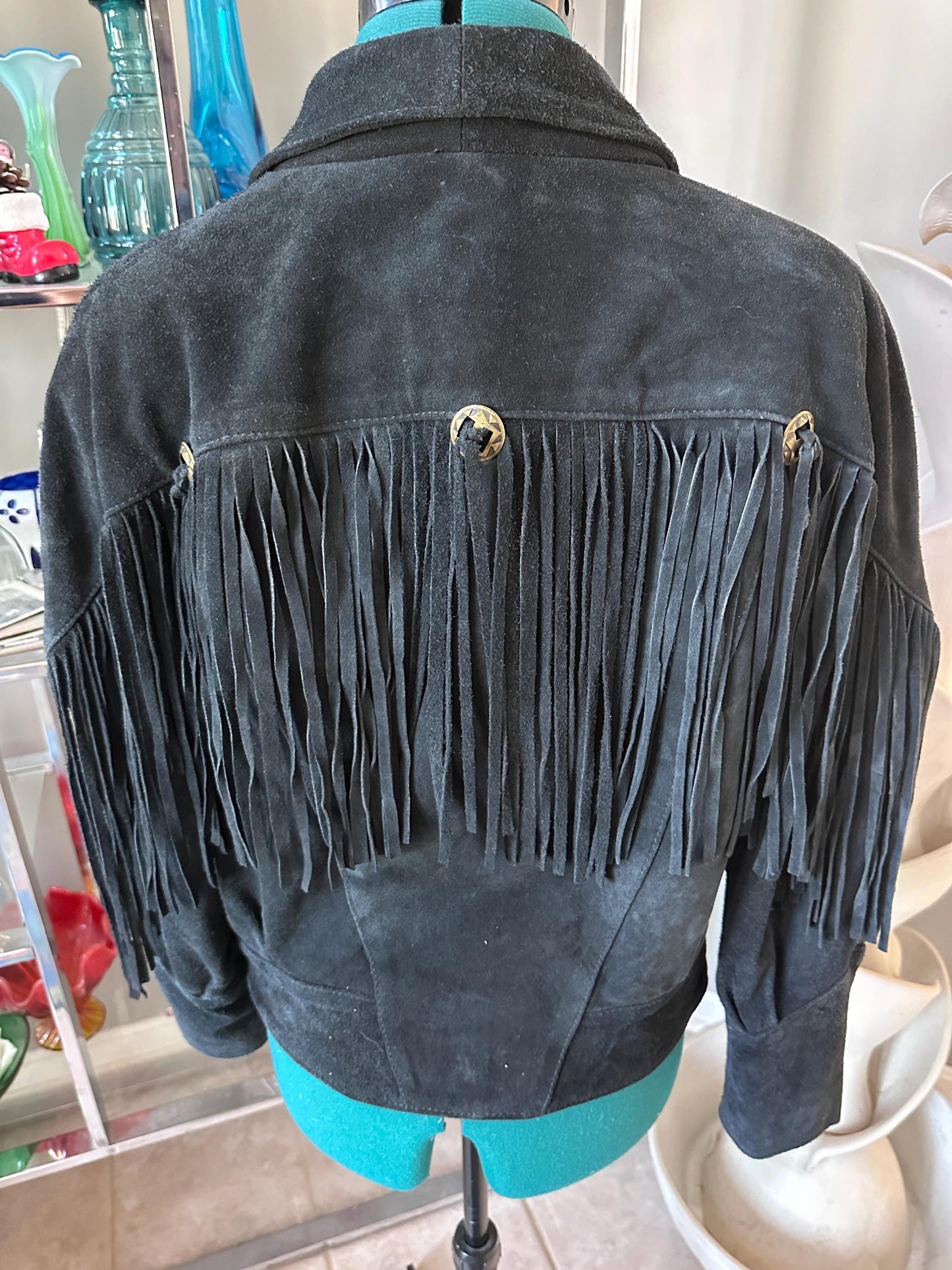 Vintage 1980s LEARSI Black Suede Fringe Jacket | Women’s Medium | Southwestern Western Leather Jacket | Metal Accents | Boho Festival Wear
