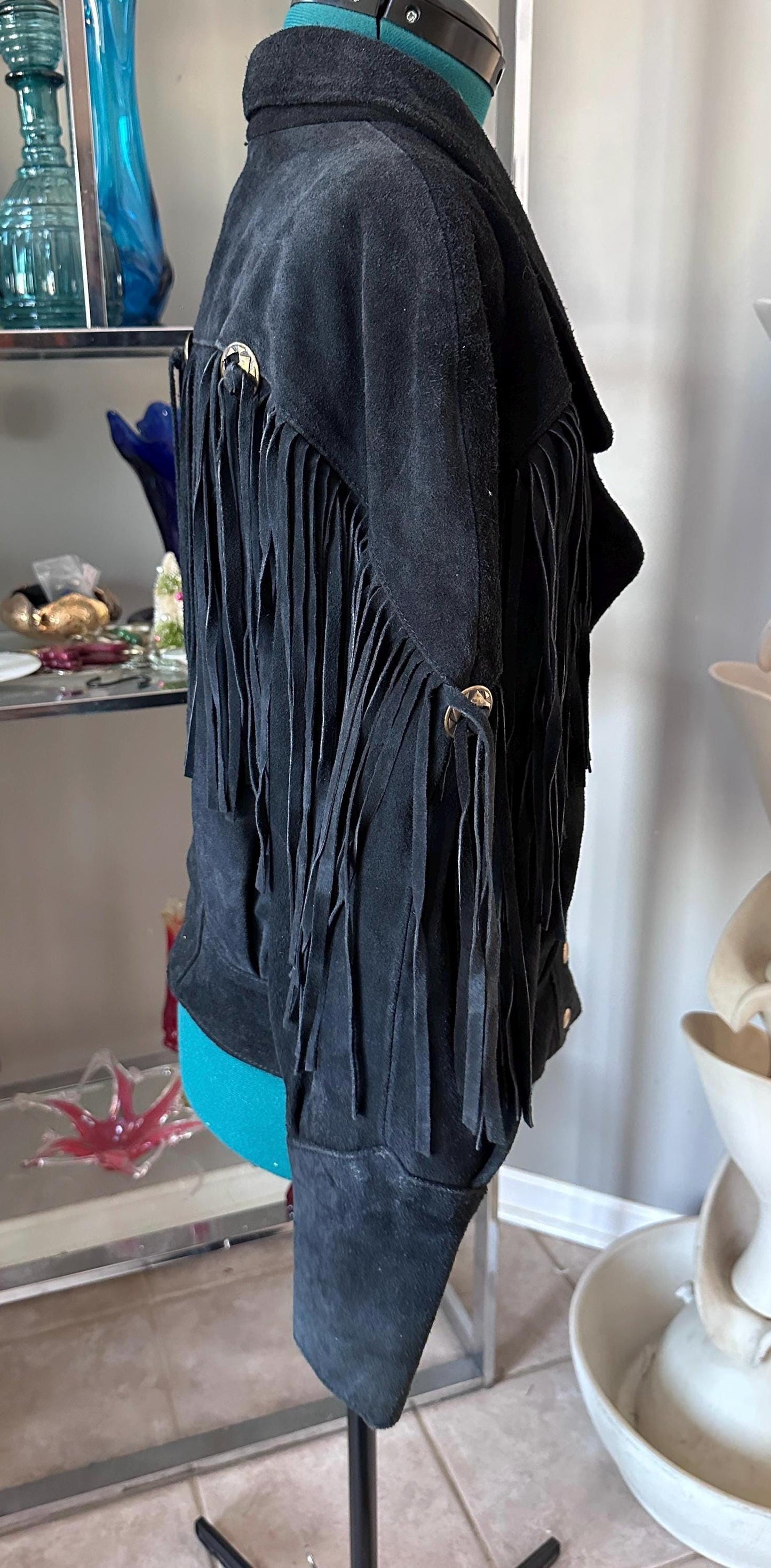 Vintage 1980s LEARSI Black Suede Fringe Jacket | Women’s Medium | Southwestern Western Leather Jacket | Metal Accents | Boho Festival Wear