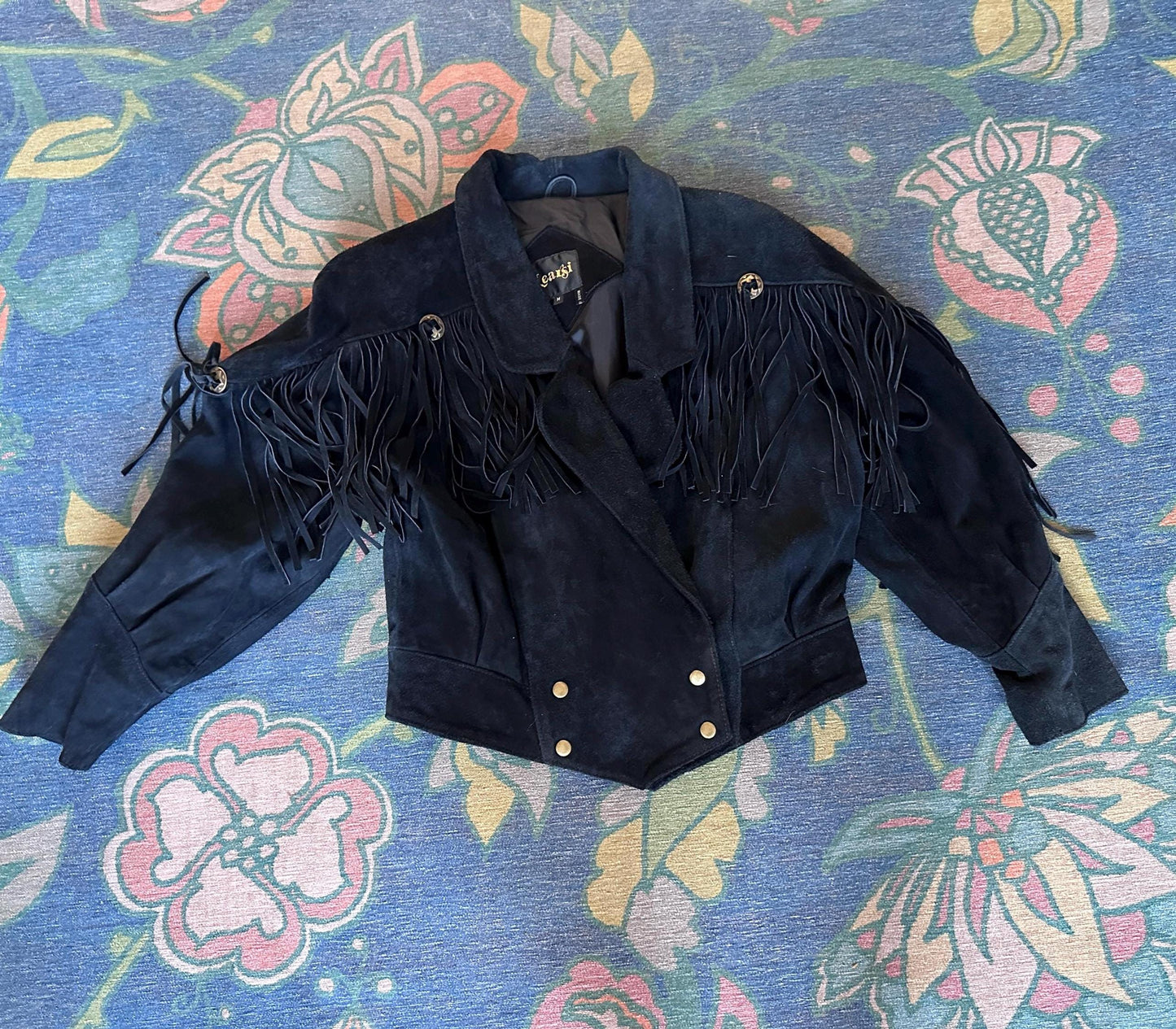 Vintage 1980s LEARSI Black Suede Fringe Jacket | Women’s Medium | Southwestern Western Leather Jacket | Metal Accents | Boho Festival Wear