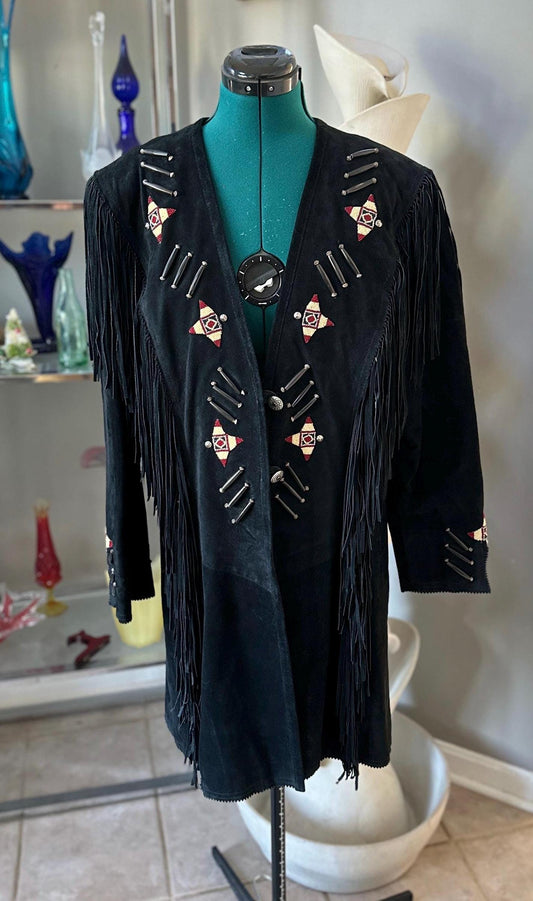 Vintage 1980s Frontier American Black Suede Fringe Coat | Southwestern Beaded Jacket | Made in USA Genuine Leather | Women’s Size M