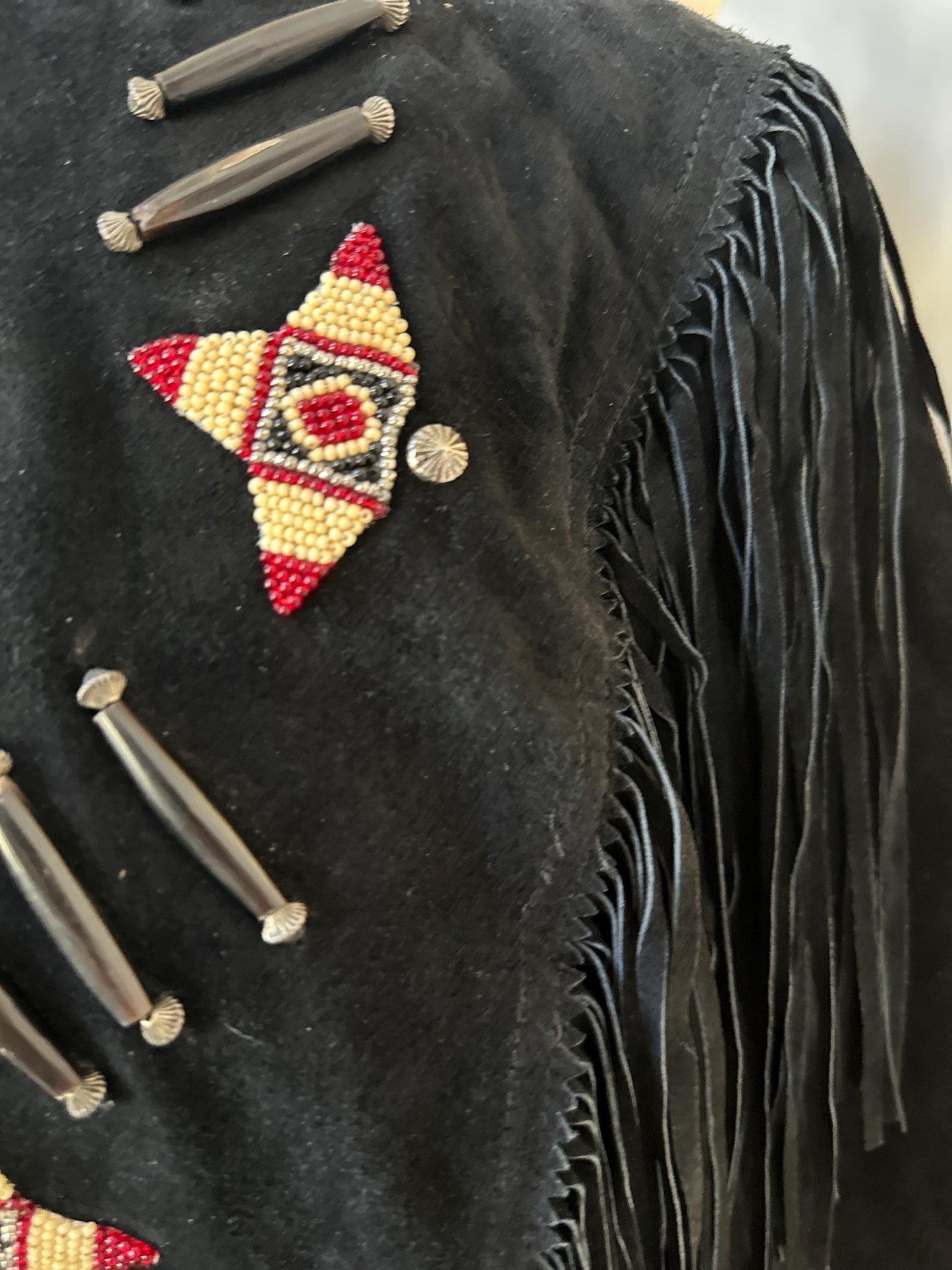 Vintage 1980s Frontier American Black Suede Fringe Coat | Southwestern Beaded Jacket | Made in USA Genuine Leather | Women’s Size M