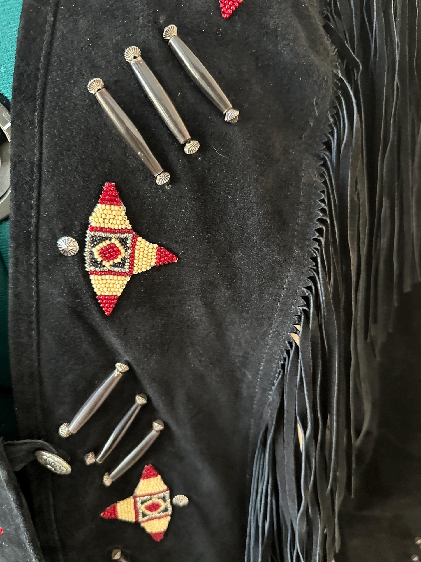 Vintage 1980s Frontier American Black Suede Fringe Coat | Southwestern Beaded Jacket | Made in USA Genuine Leather | Women’s Size M