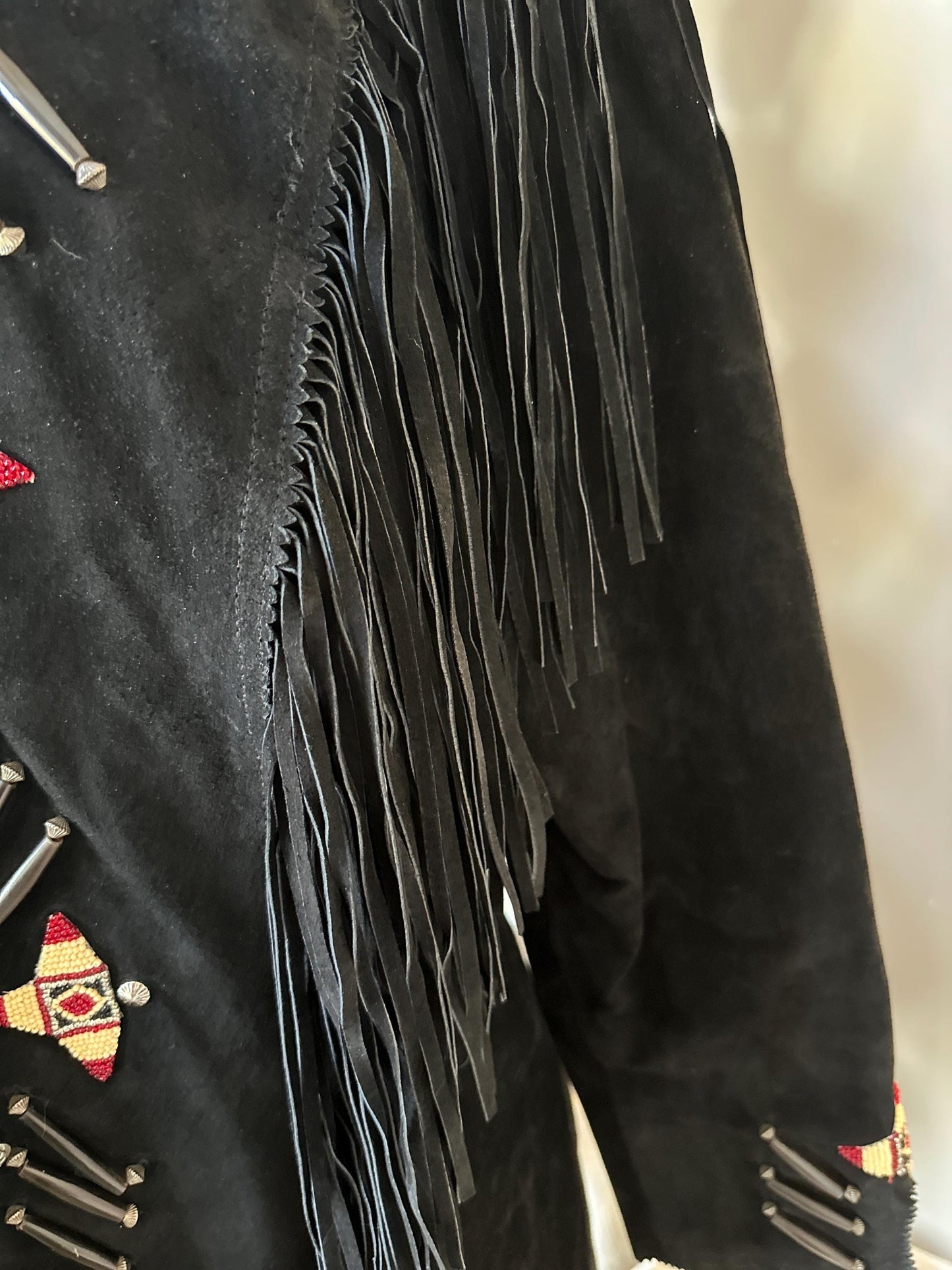 Vintage 1980s Frontier American Black Suede Fringe Coat | Southwestern Beaded Jacket | Made in USA Genuine Leather | Women’s Size M