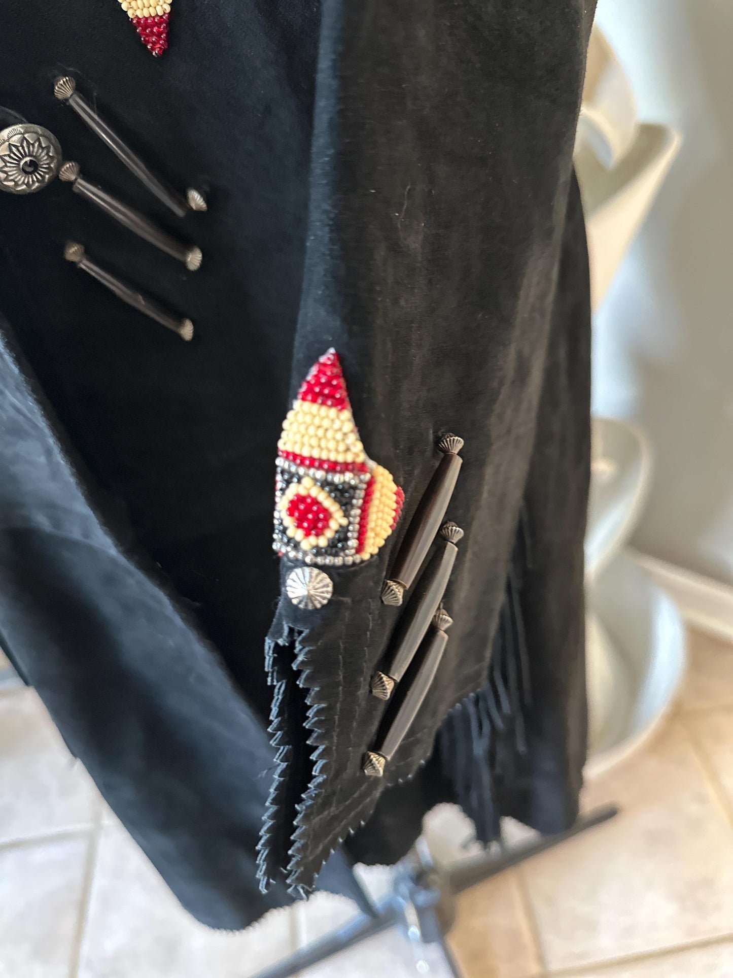 Vintage 1980s Frontier American Black Suede Fringe Coat | Southwestern Beaded Jacket | Made in USA Genuine Leather | Women’s Size M