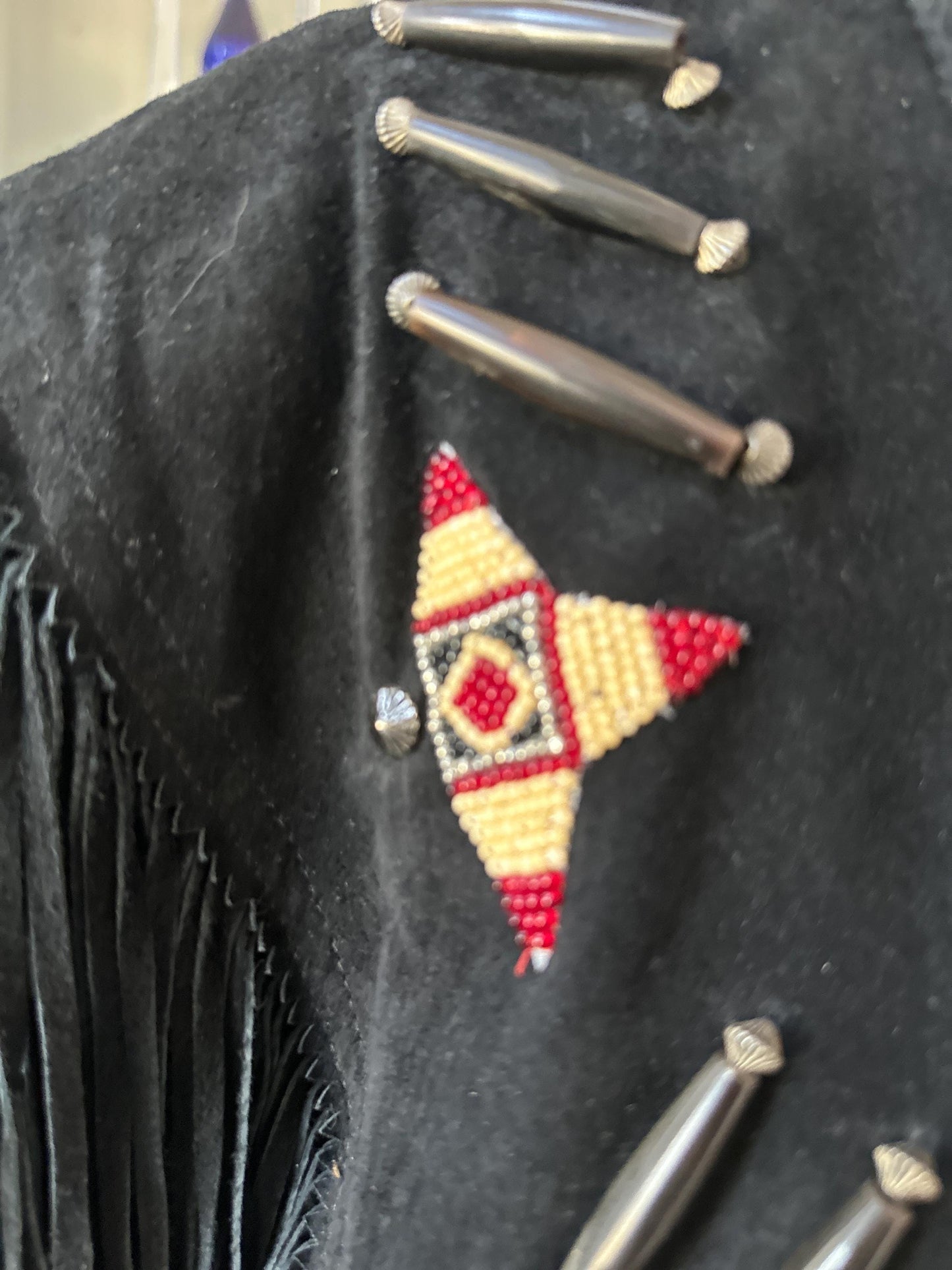 Vintage 1980s Frontier American Black Suede Fringe Coat | Southwestern Beaded Jacket | Made in USA Genuine Leather | Women’s Size M