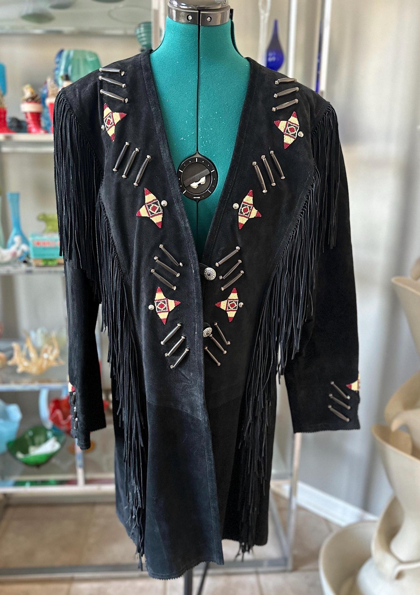 Vintage 1980s Frontier American Black Suede Fringe Coat | Southwestern Beaded Jacket | Made in USA Genuine Leather | Women’s Size M