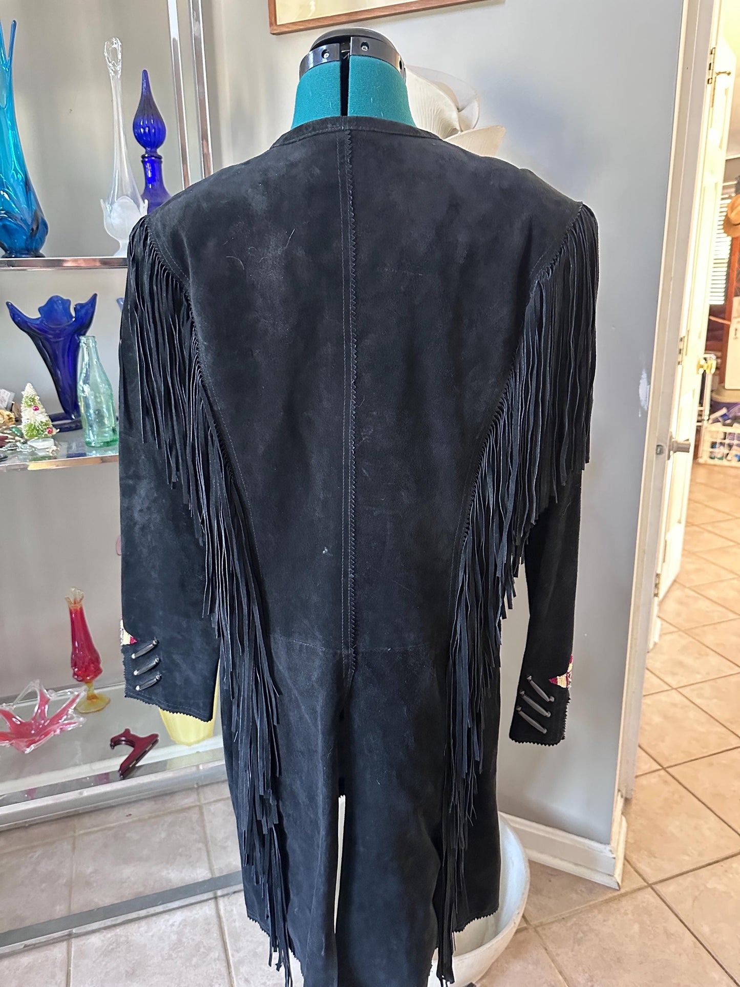 Vintage 1980s Frontier American Black Suede Fringe Coat | Southwestern Beaded Jacket | Made in USA Genuine Leather | Women’s Size M