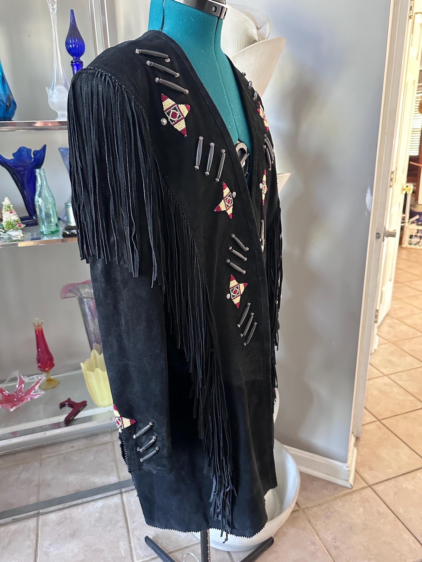Vintage 1980s Frontier American Black Suede Fringe Coat | Southwestern Beaded Jacket | Made in USA Genuine Leather | Women’s Size M