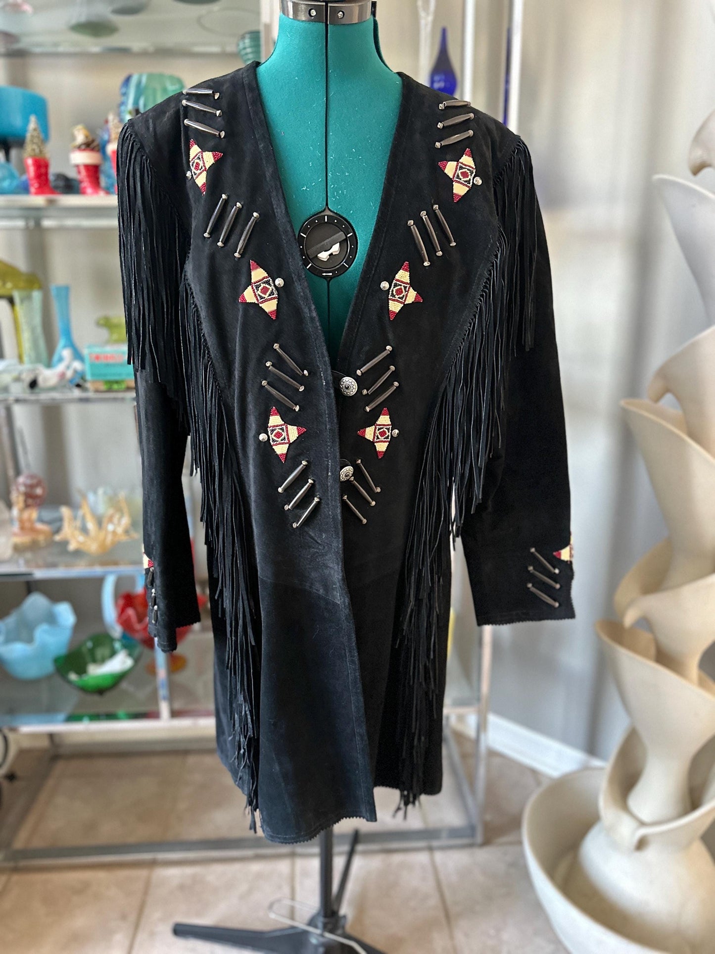 Vintage 1980s Frontier American Black Suede Fringe Coat | Southwestern Beaded Jacket | Made in USA Genuine Leather | Women’s Size M