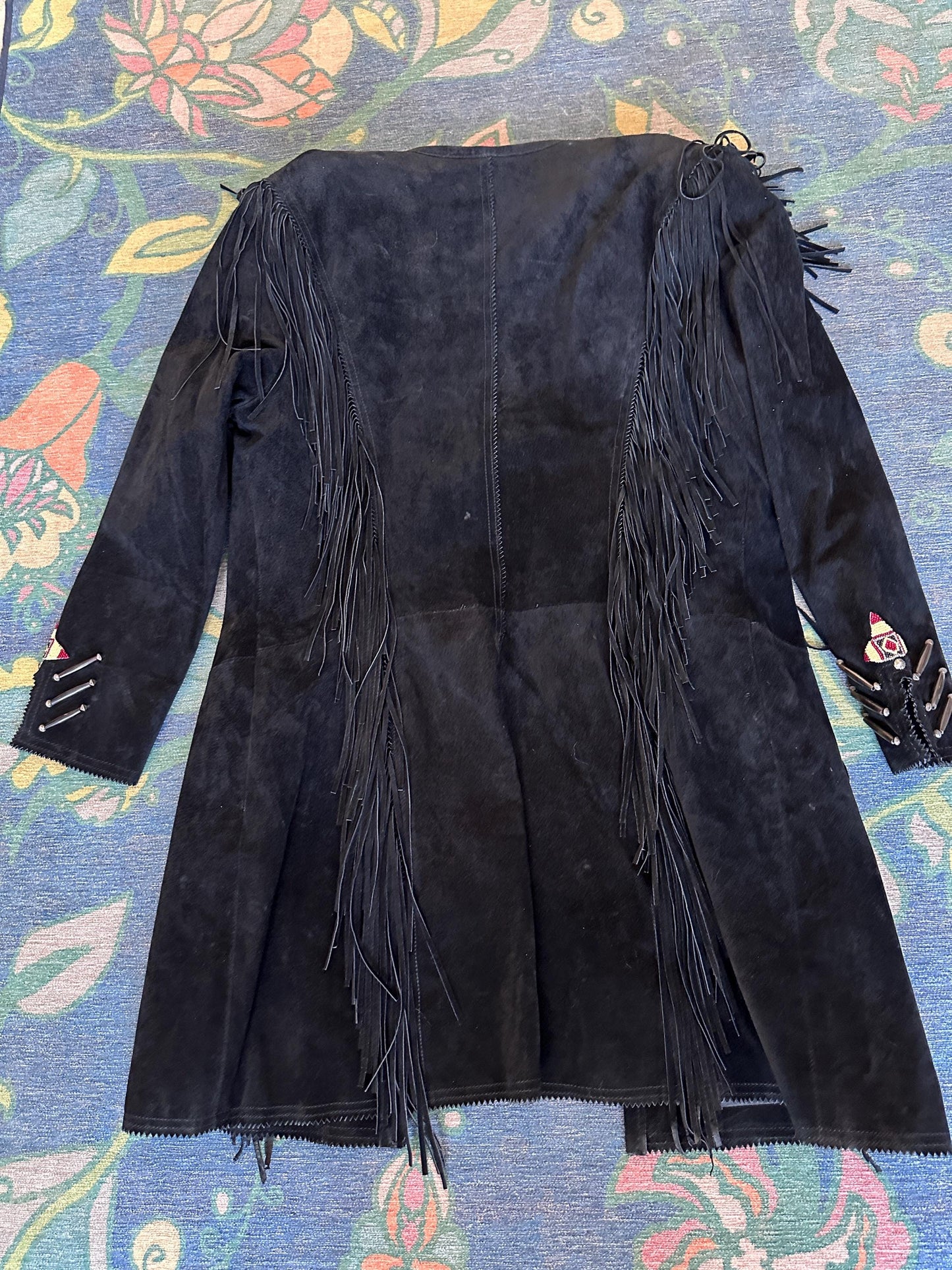 Vintage 1980s Frontier American Black Suede Fringe Coat | Southwestern Beaded Jacket | Made in USA Genuine Leather | Women’s Size M
