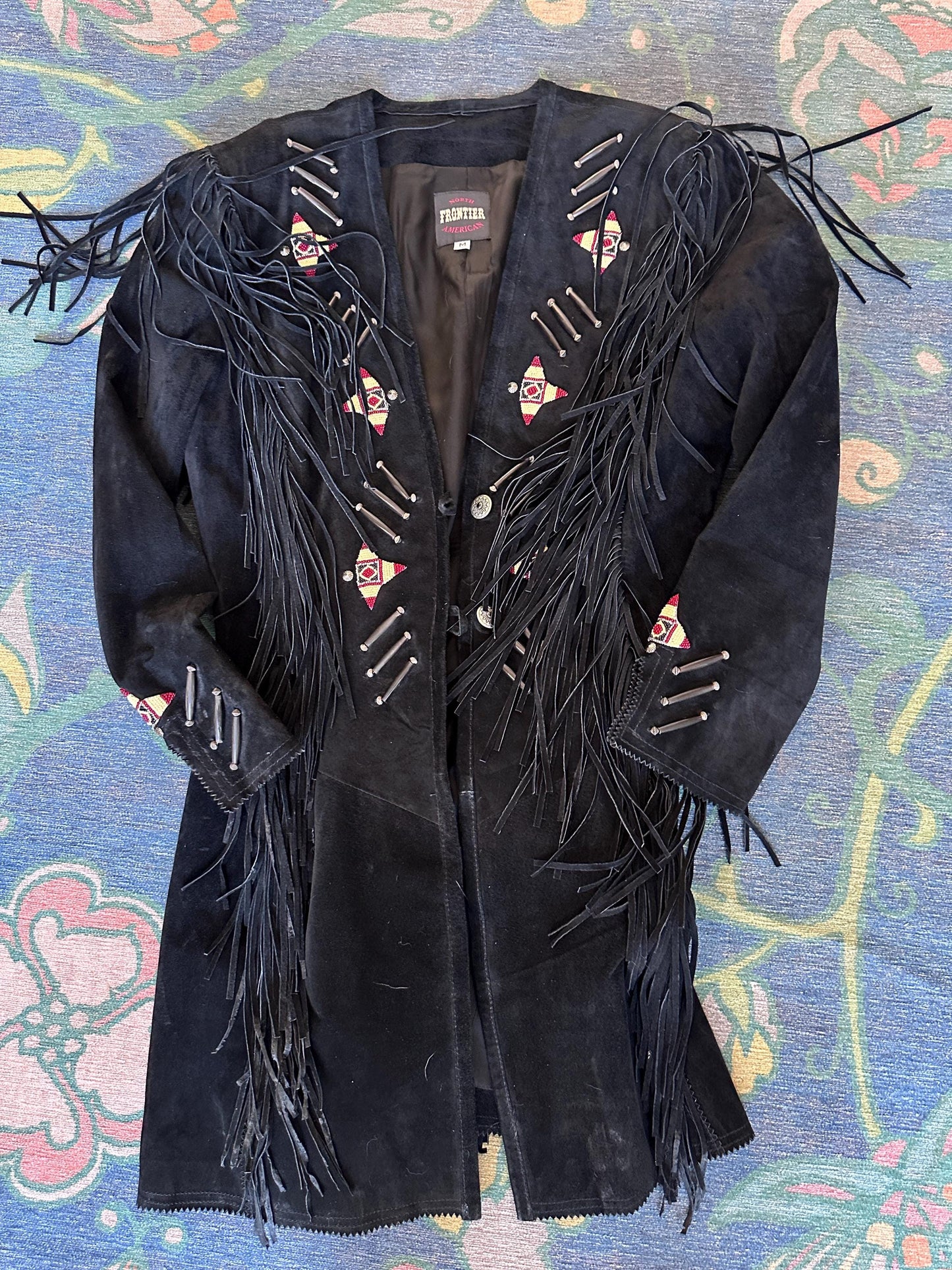 Vintage 1980s Frontier American Black Suede Fringe Coat | Southwestern Beaded Jacket | Made in USA Genuine Leather | Women’s Size M