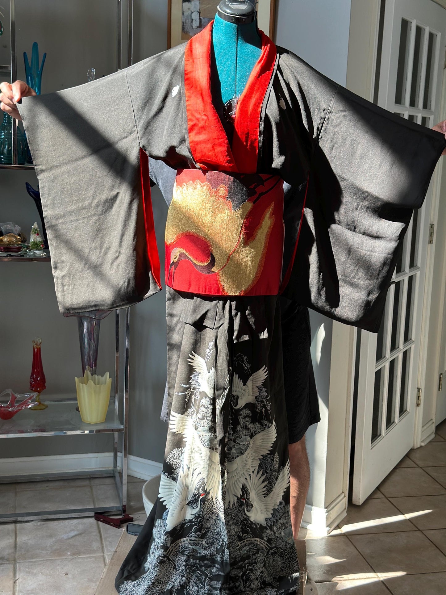 Antique to Vintage Japanese Black Silk Furisode Kimono with Red Silk Obi | Embroidered White Crane Design | Traditional Japanese Silk Robe |
