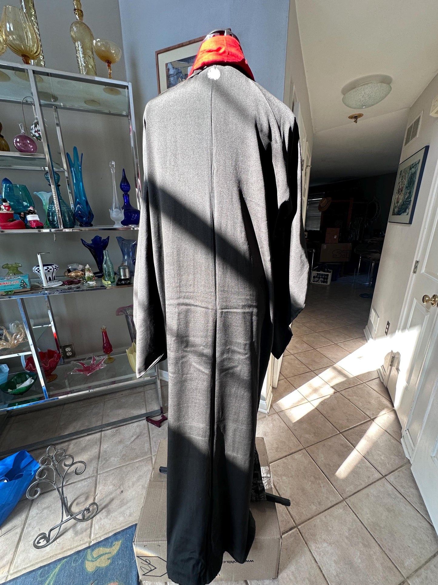 Antique to Vintage Japanese Black Silk Furisode Kimono with Red Silk Obi | Embroidered White Crane Design | Traditional Japanese Silk Robe |